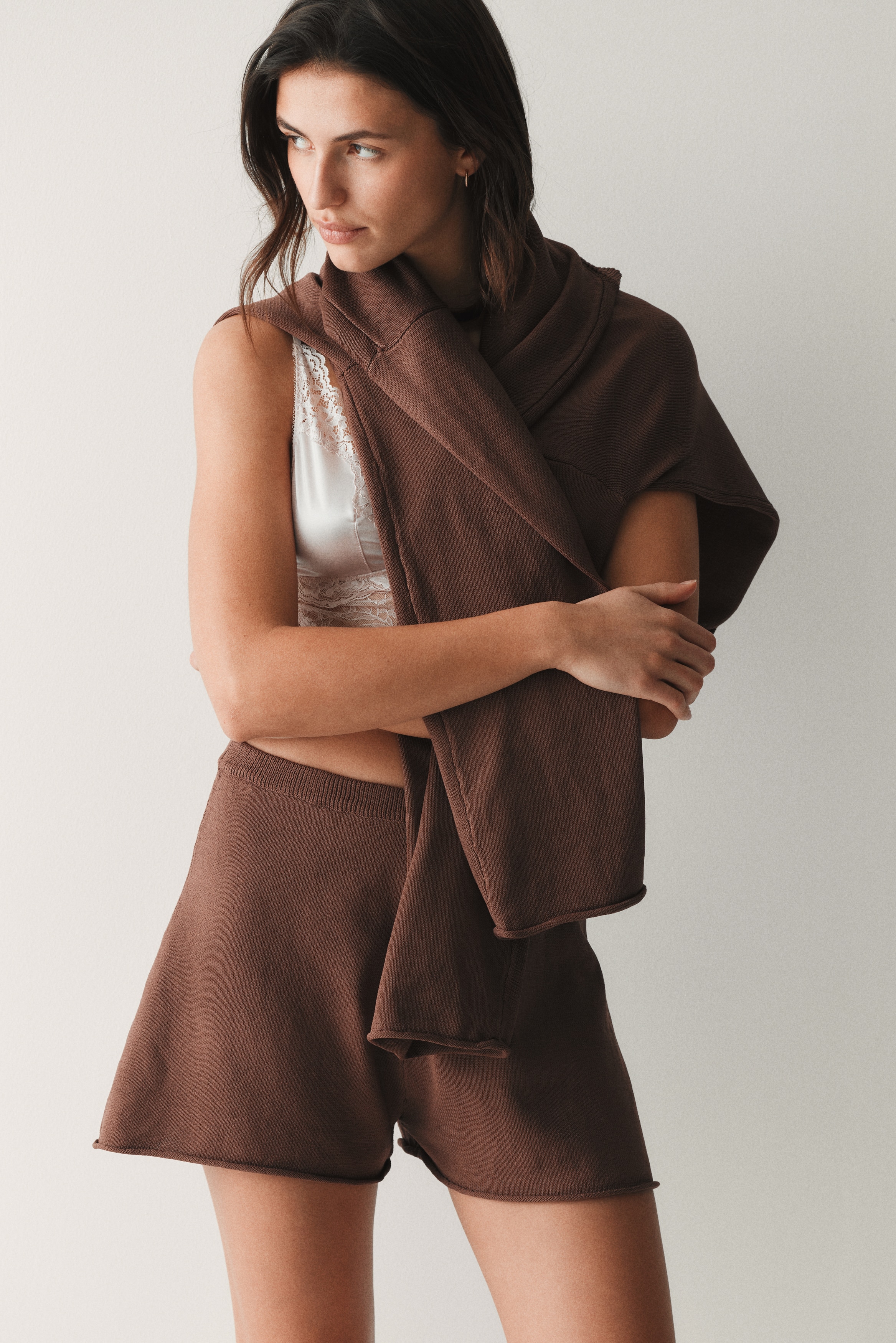 Πλεκτό σορτς με γυριστά μπατζάκια - Σκούρο σάπιο μήλο/Απαλό ροζ