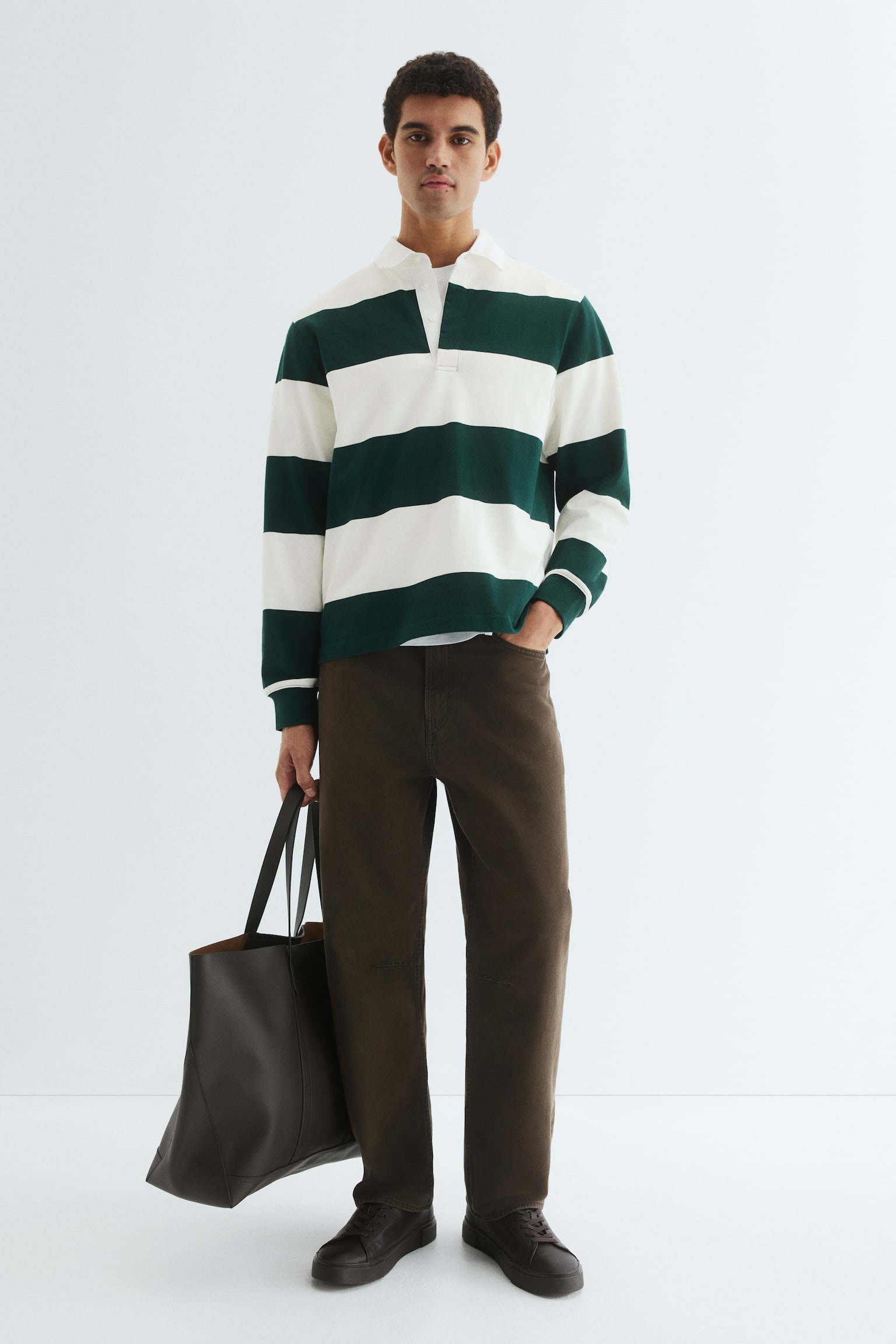 חולצת רוגבי מכותנה Regular Fit - ירוק כהה/לבן - 3