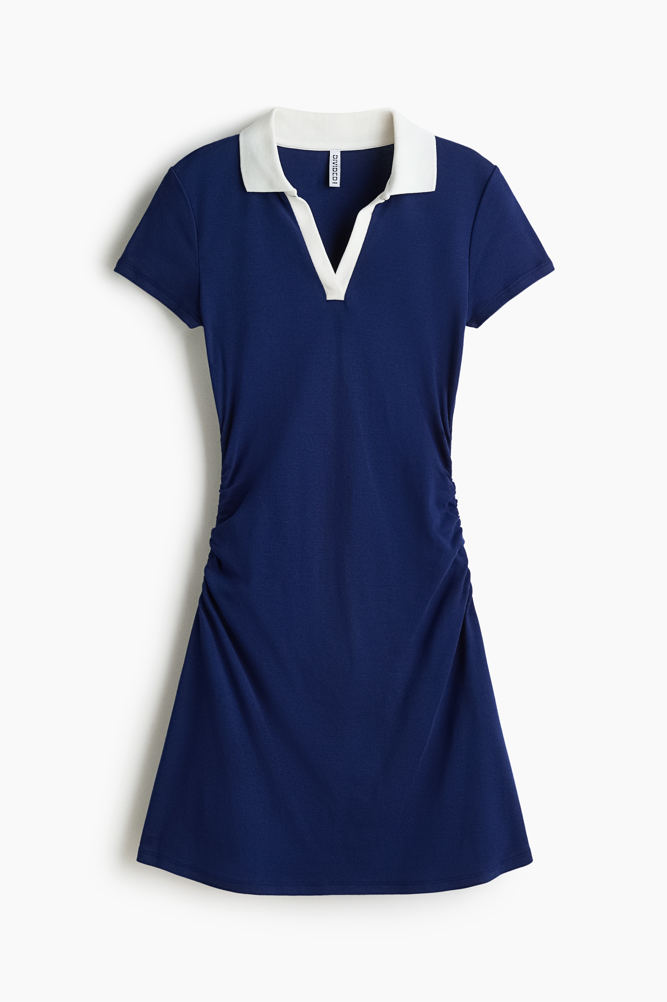 Fine-Knit Dress with Collar - Blue/White/striped/Dark brown