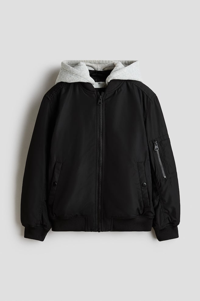 Hooded bomber jacket - Black/Dark khaki green - 1