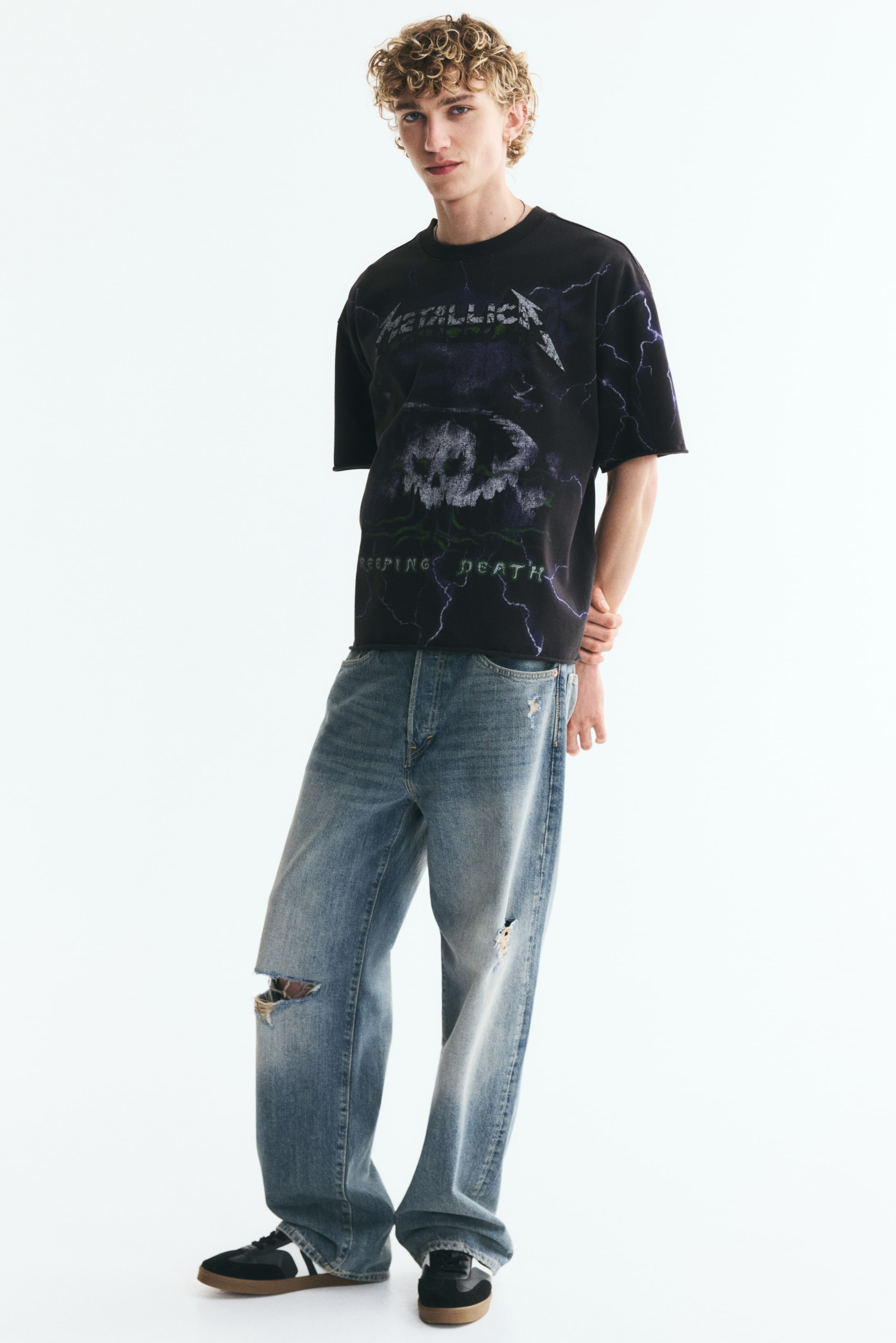 Oversized Printed Raw-Edge Cotton T-Shirt