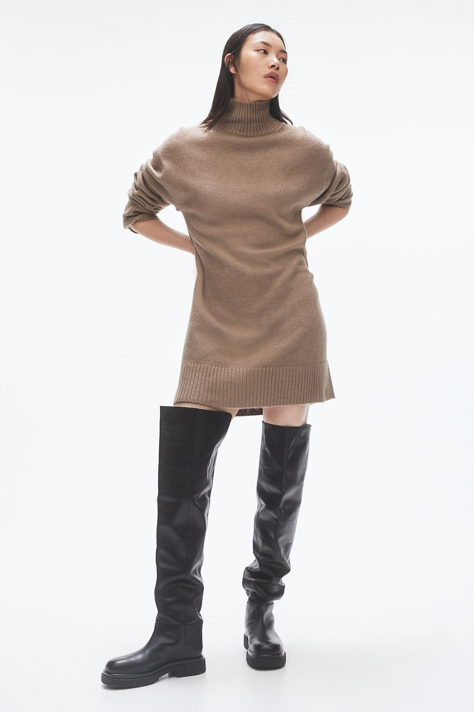 Knitted turtleneck dress - Mörkbeige/Ljus gråbeigemelerad - 4