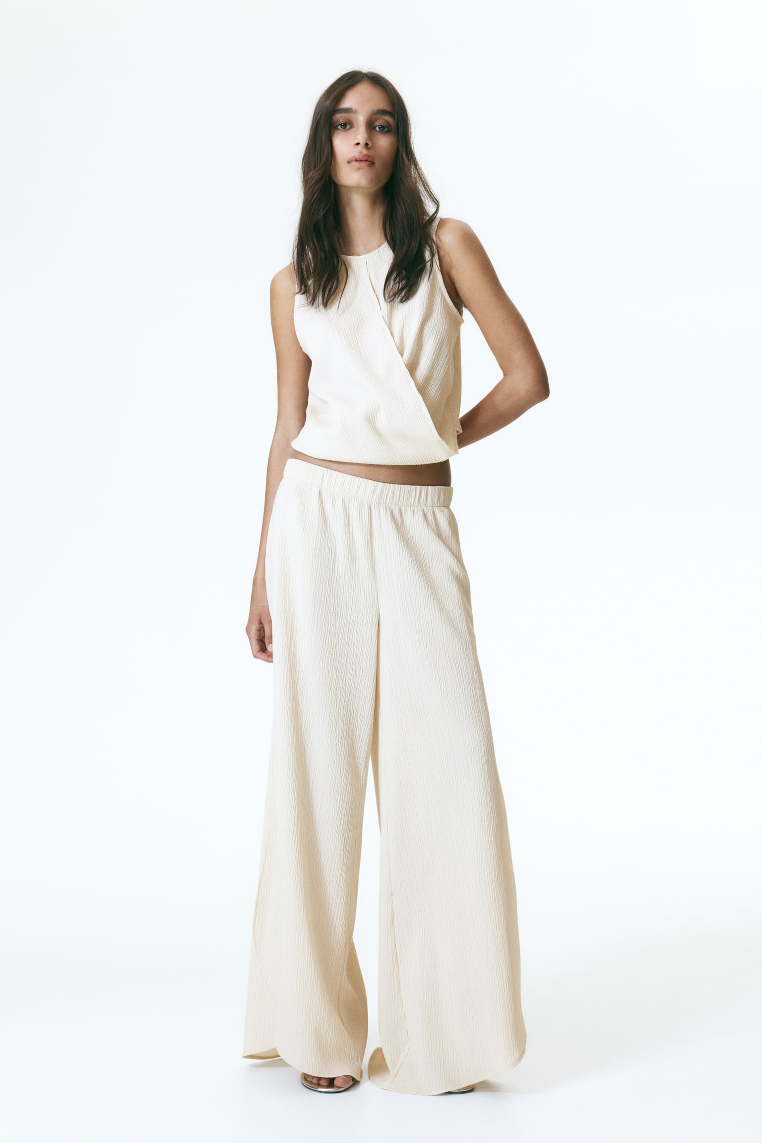Wrap-detail crinkled top - Light beige/Light blue - 4