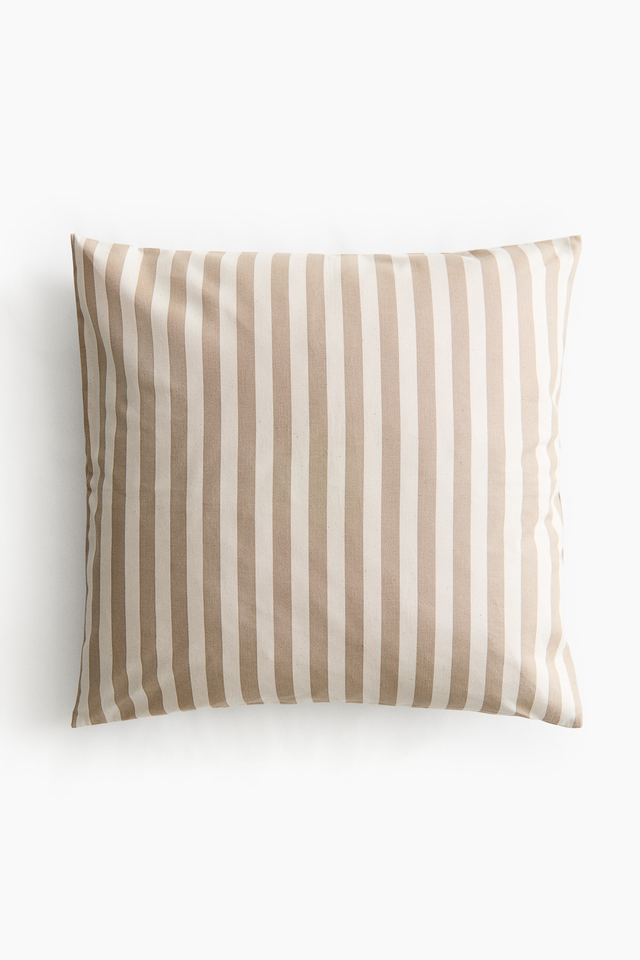 View larger image: The cushion cover is shown FRONT facing, showcasing alternating vertical stripes in light beige and light brown on a visible canvas texture.
