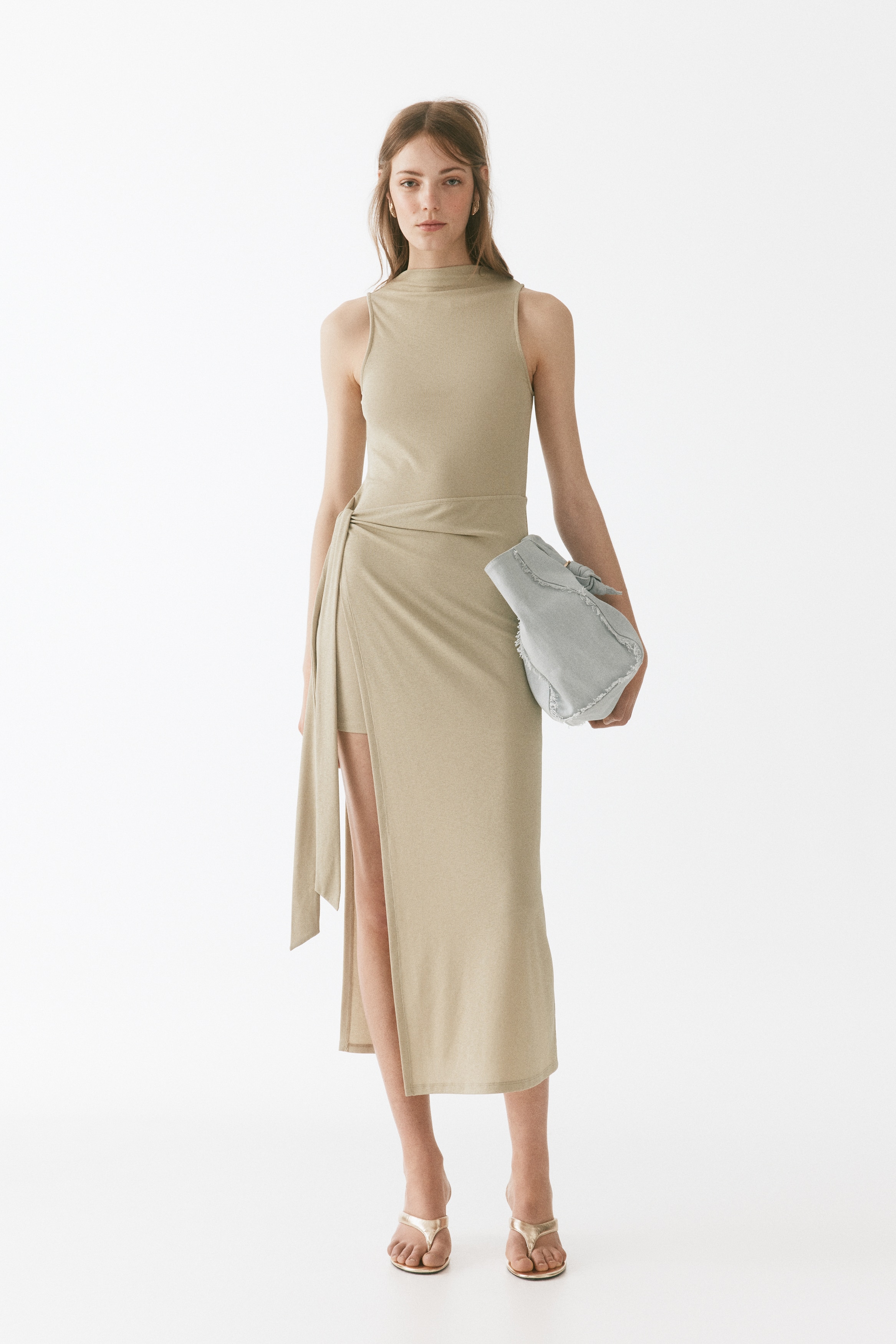 Skirt-panel ribbed dress-Light beige