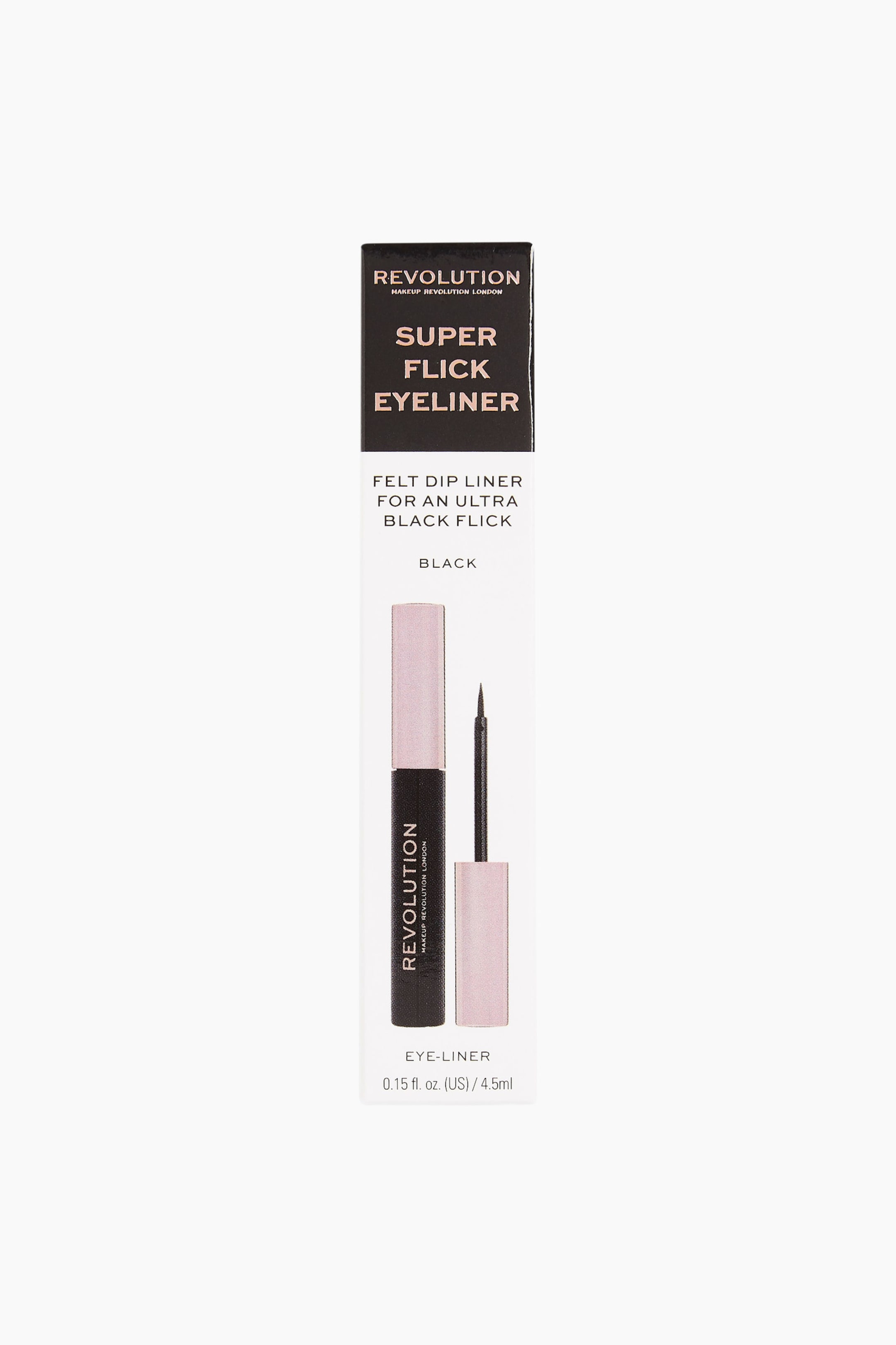 Visa större bild: Revolution Super Flick Eyeliner-förpackningen står upprätt och vänd framåt, med framsidan synlig. Kartongen har ett svart övre block med roséguldfärgad text och en vit nedre del som visar produktinformation tillsammans med en illustration av den svart-rosa eyelinerflaskan med sin avskruvade applikator med fin spets.