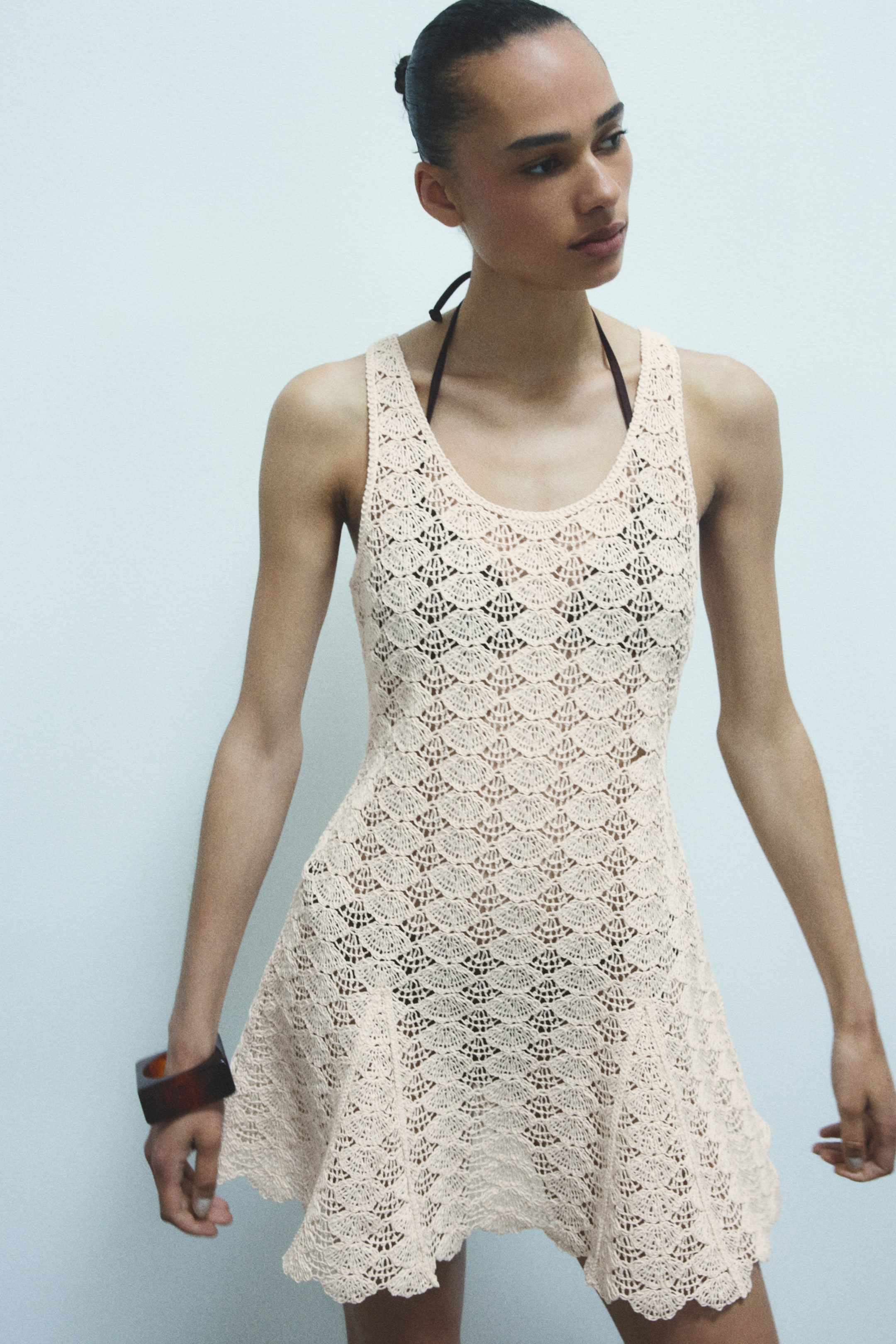 Crochet-Look Dress with Godet Pleats
