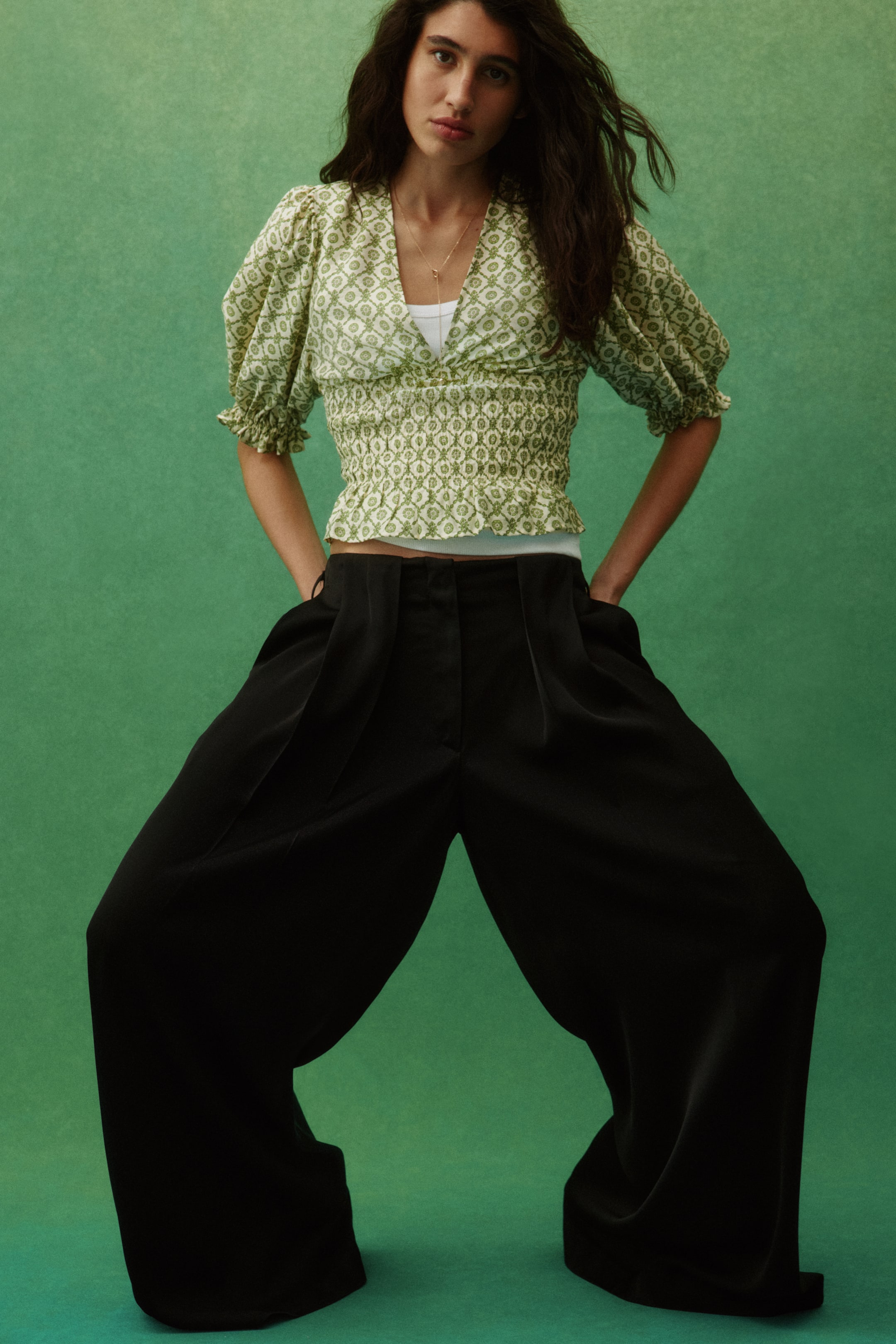 View larger image: Smocked-waist blouse - Green/Patterned - Ladies | H&M 1