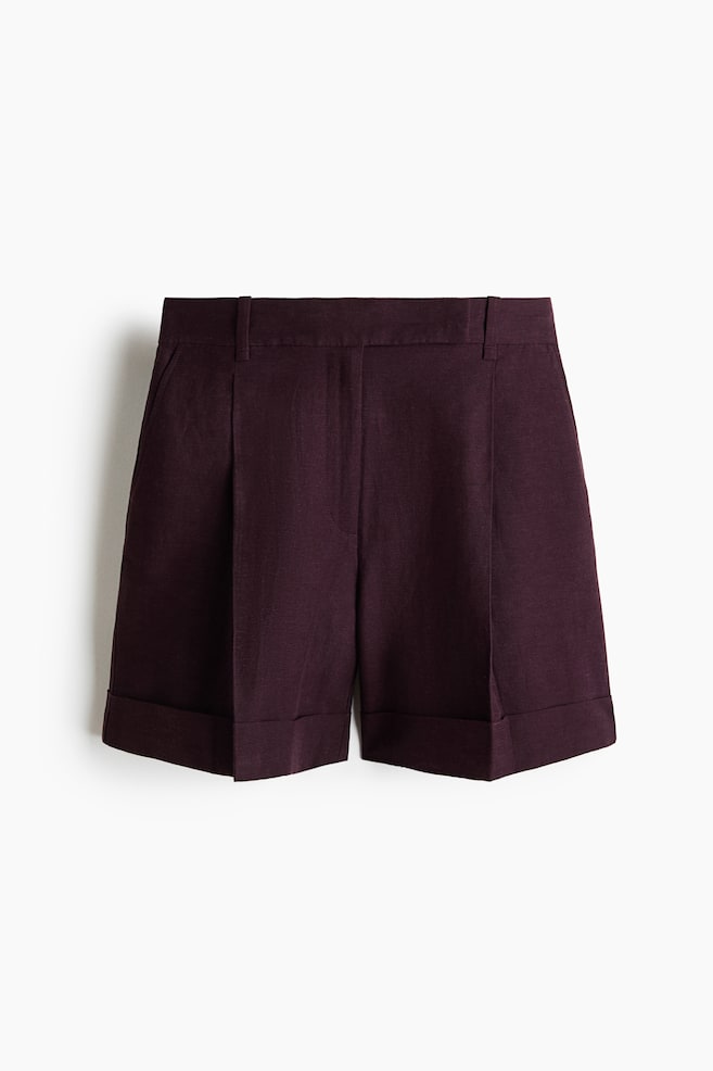 Geklede short van linnenmix - Donker pruimenpaars/Wit/Zwart/Donker kakigroen - 1