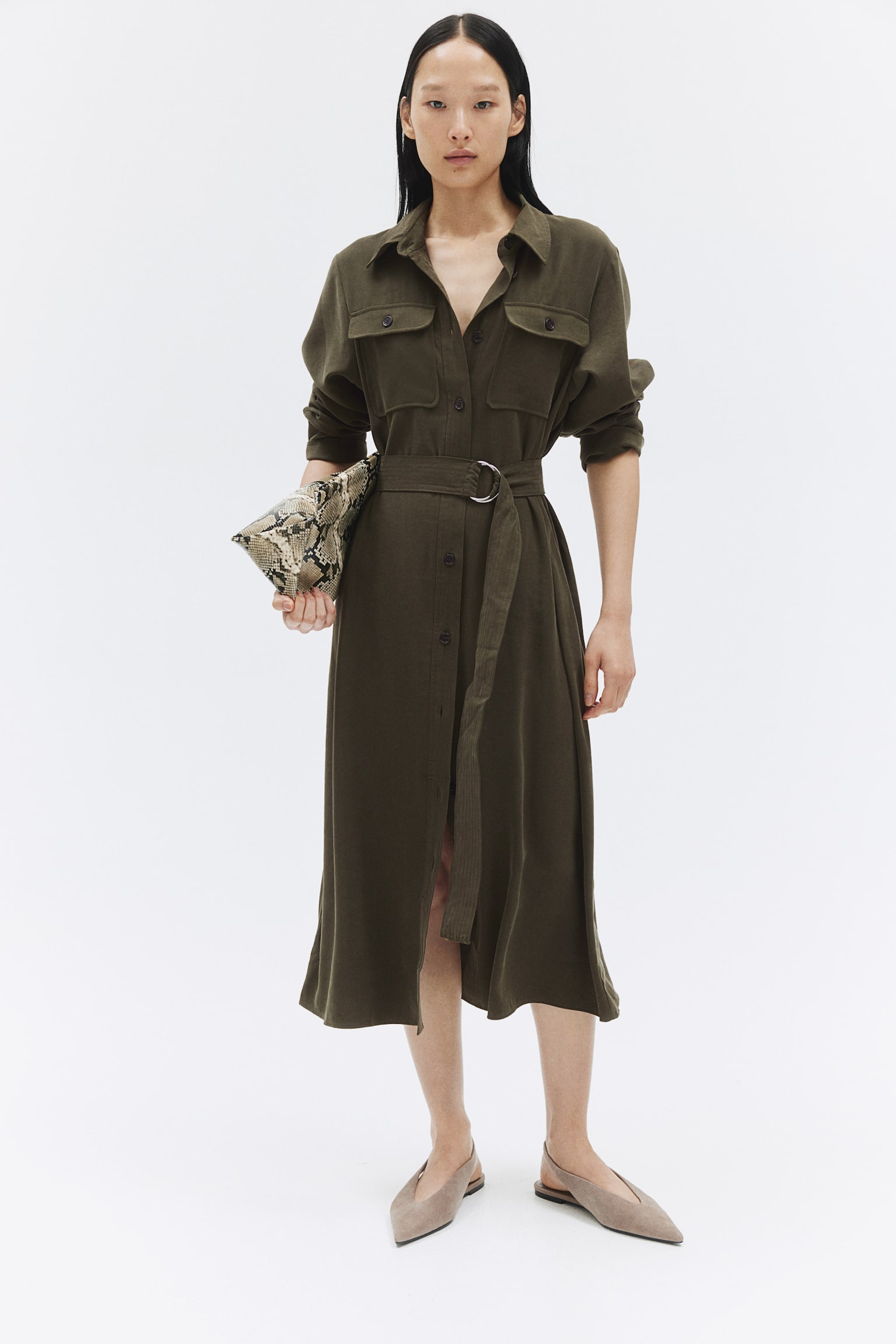 Belted shirt dress - Dark khaki green/White - 5