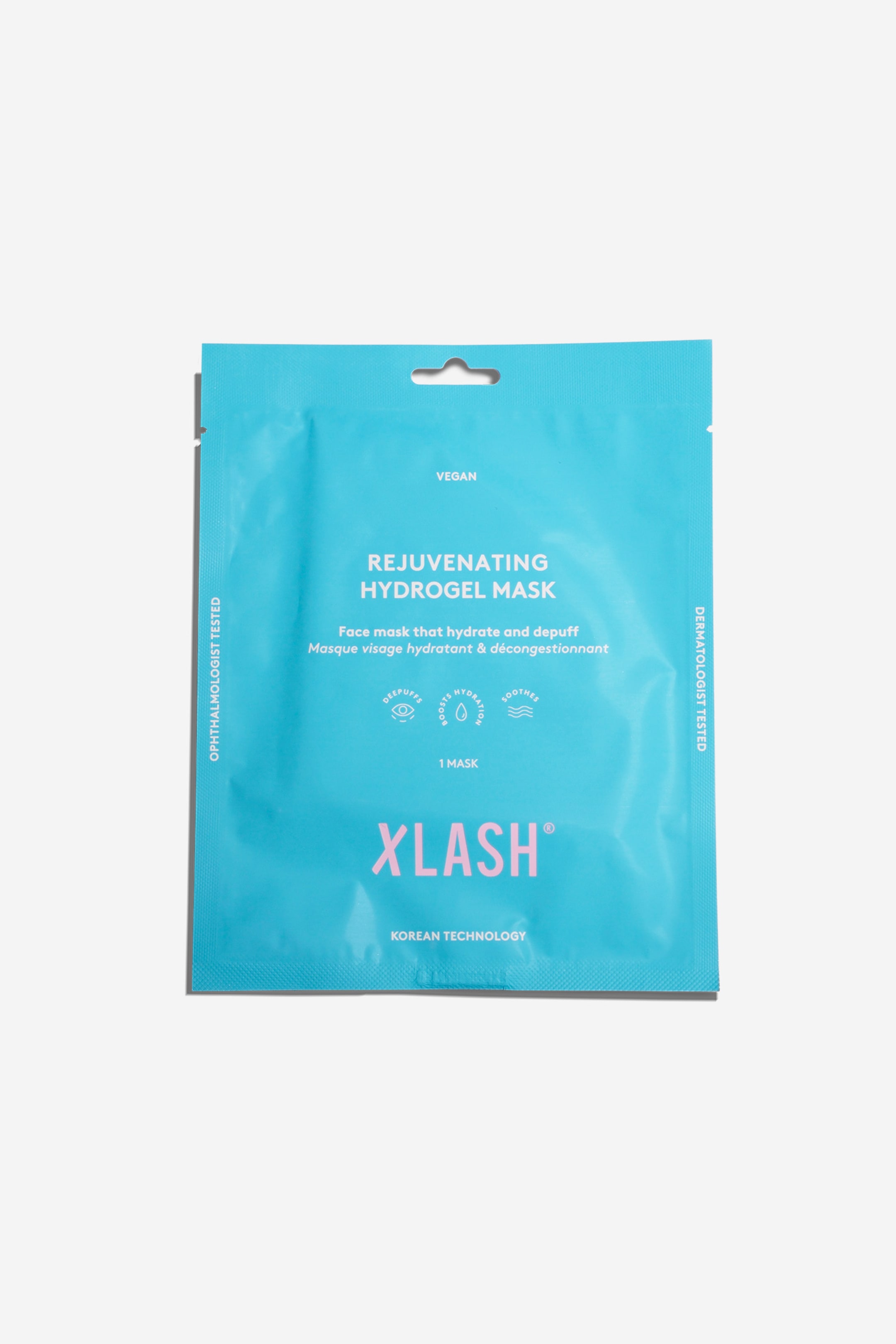 Visa större bild: Xlash Rejuvenating Hydrogel Mask-påsen visar ett framåtvänd, rektangulärt, turkost paket. Den innehåller produktinformation i vit och rosa text, inklusive "Rejuvenating Hydrogel Mask" och "Xlash", tillsammans med små ikoner som illustrerar fördelarna med att minska svullnad, återfukta och lugna.