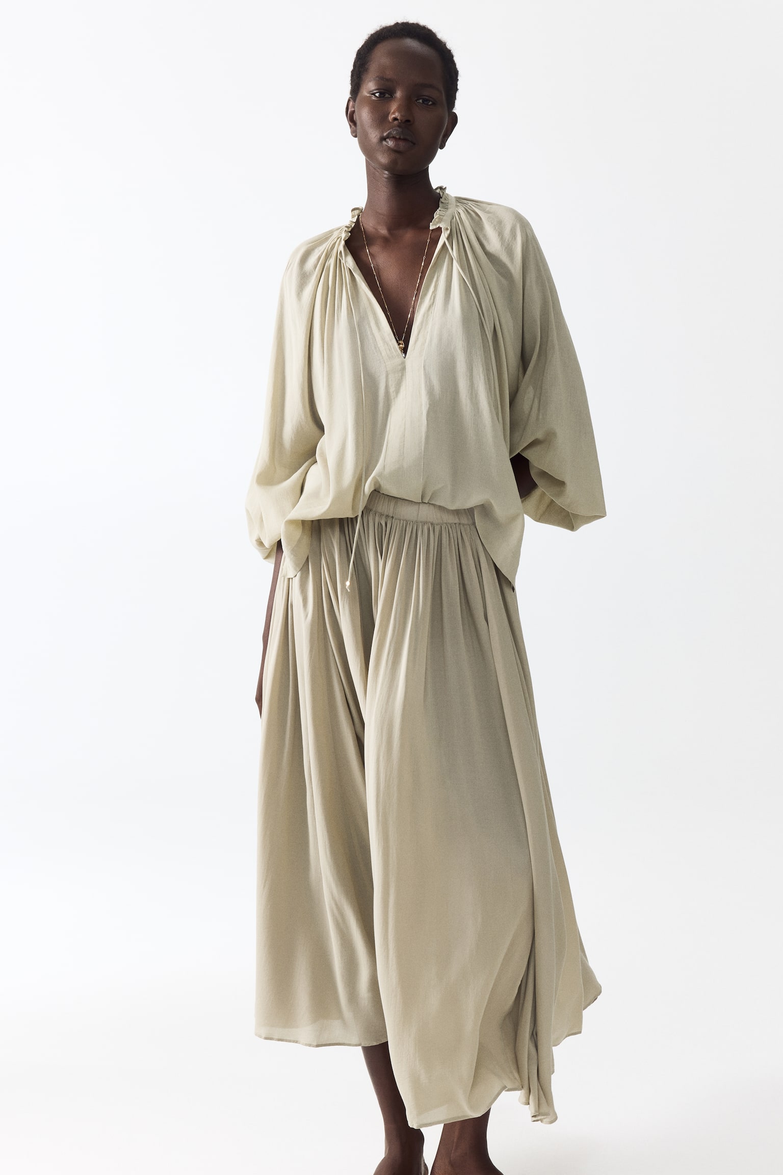 Gathered modal skirt - Beige/Brown - 3