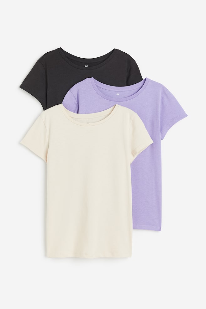 3-pack cotton T-shirts - Purple/Black/Light beige/Purple/Grey/Grey/Dusky pink/White/Black/Grey marl/dc - 1