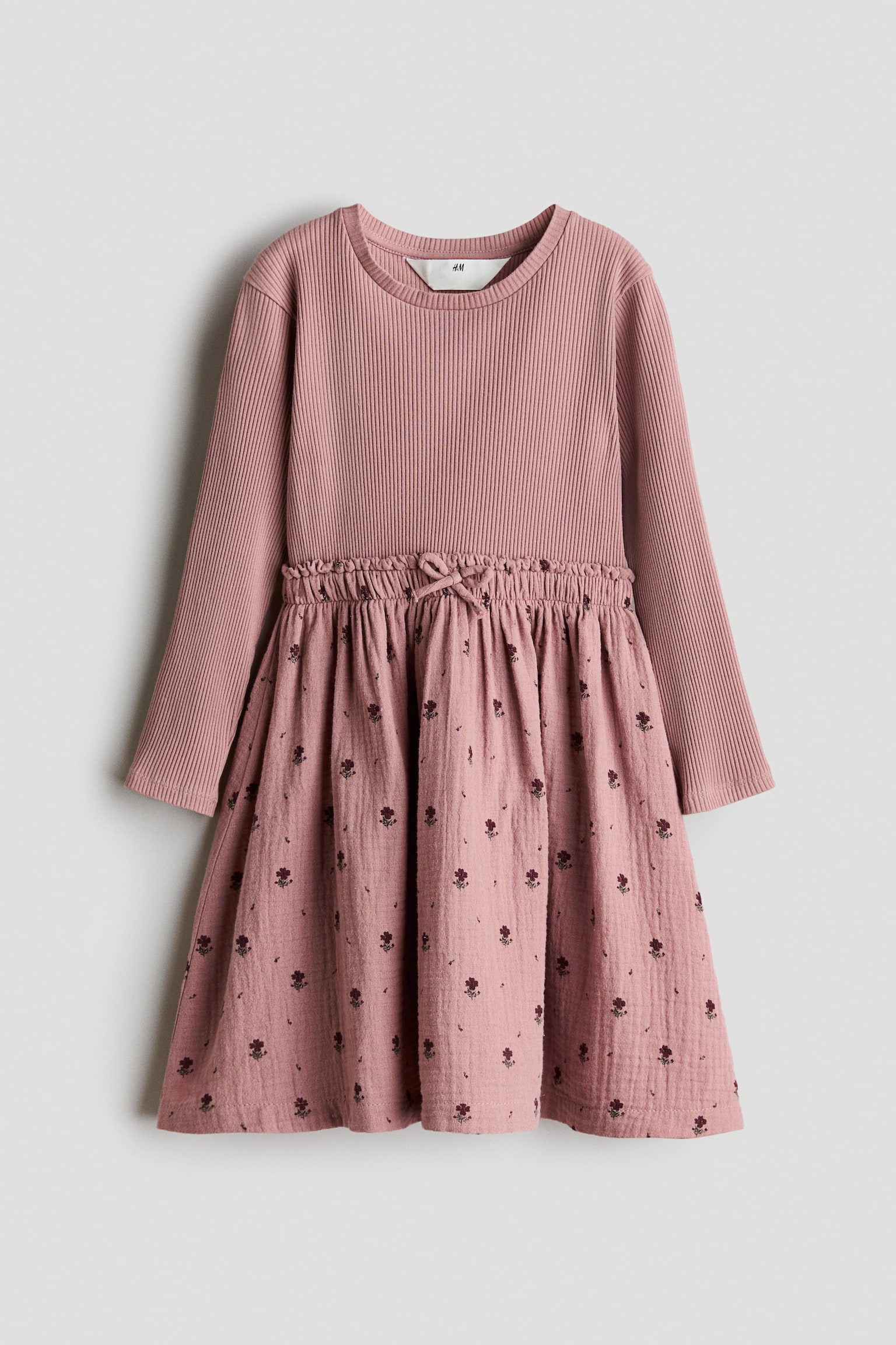 Ribbad bomullsklänning - Dimrosa/Blommig/Ljuslila