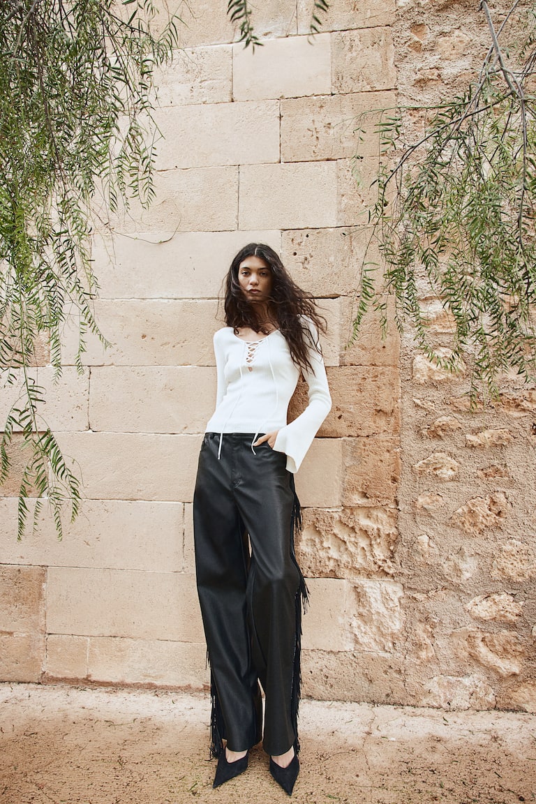 Lacing-Detail Rib-Knit Top