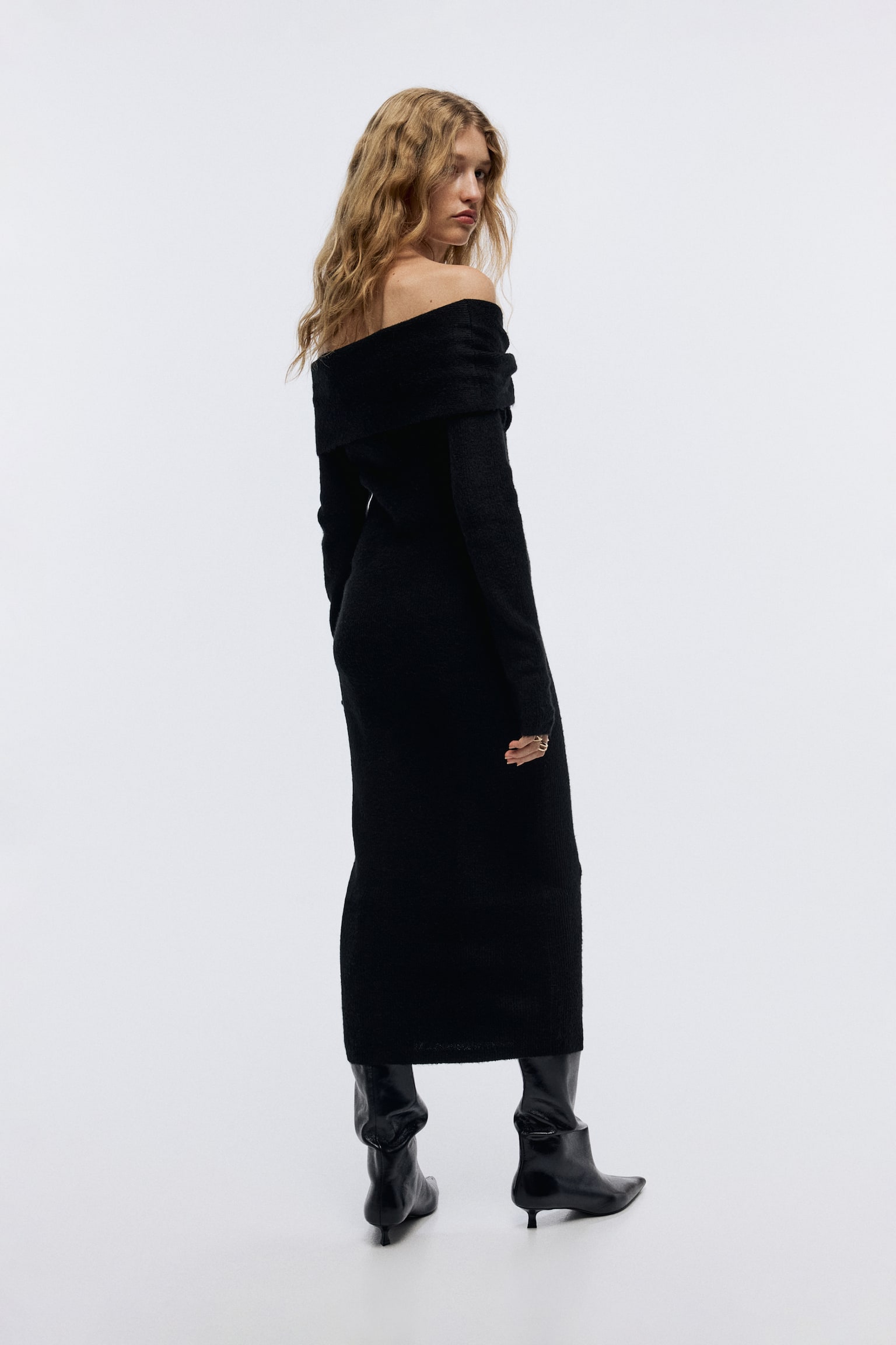 Fine-knit off-the-shoulder dress - Black/Grey marl - 7