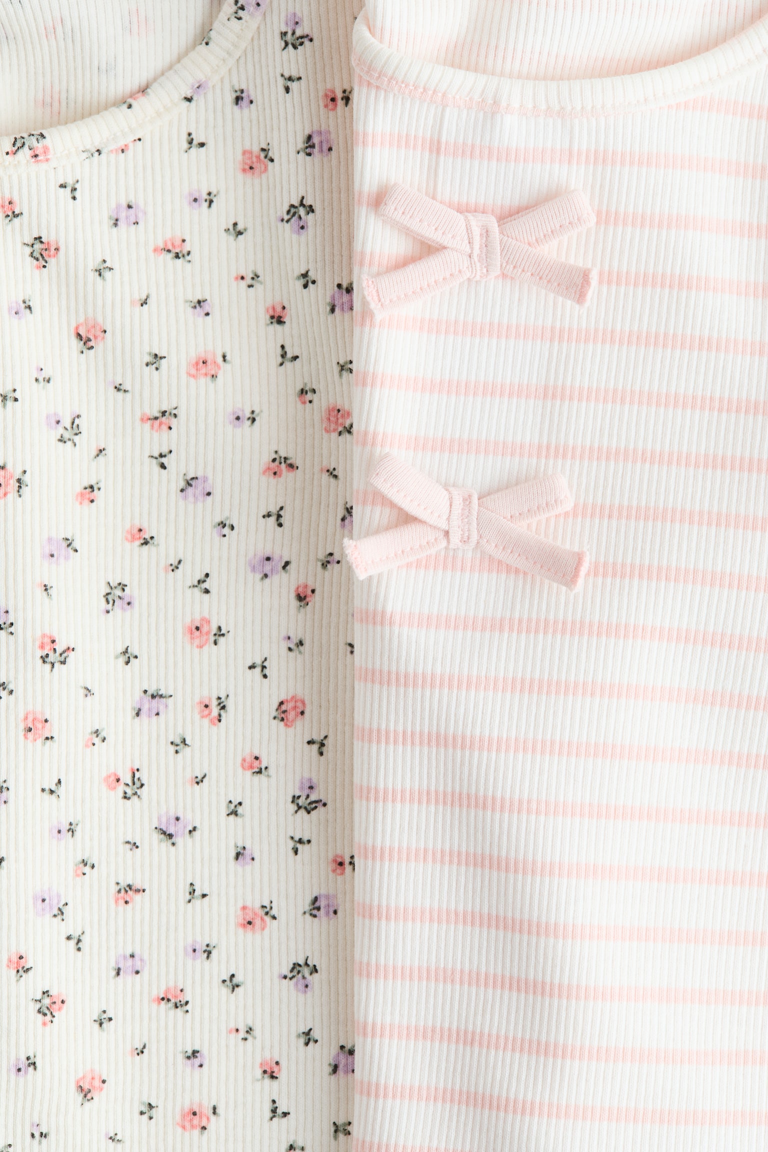 2-pack ribbed cotton tops - Cream/Pink floral/Cream/Striped - 2