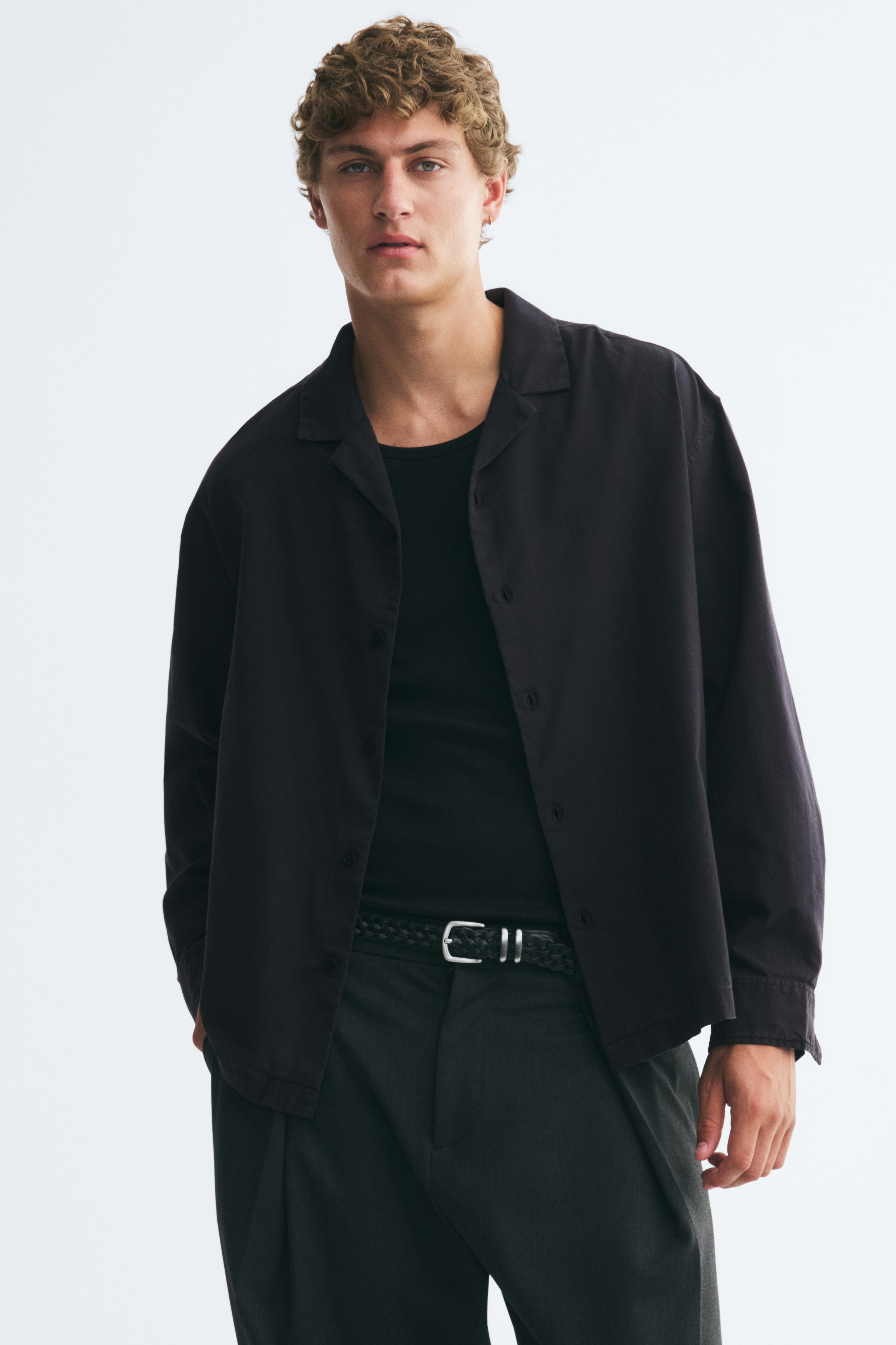 Relaxed Fit Long-sleeved cotton resort shirt - Black/Beige