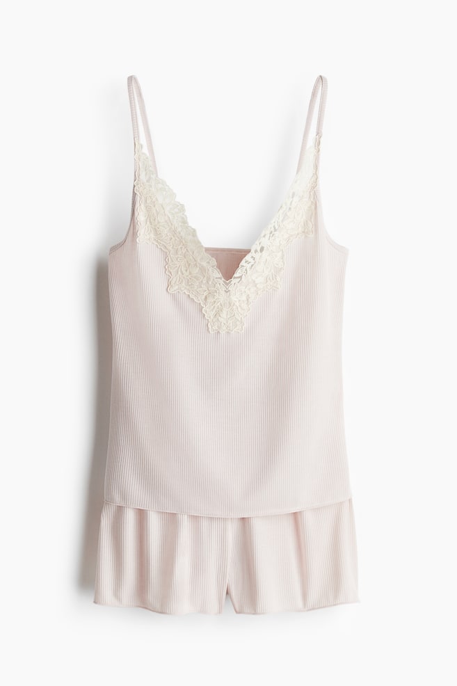 Lace-trimmed ribbed pyjamas - Powder pink - 1
