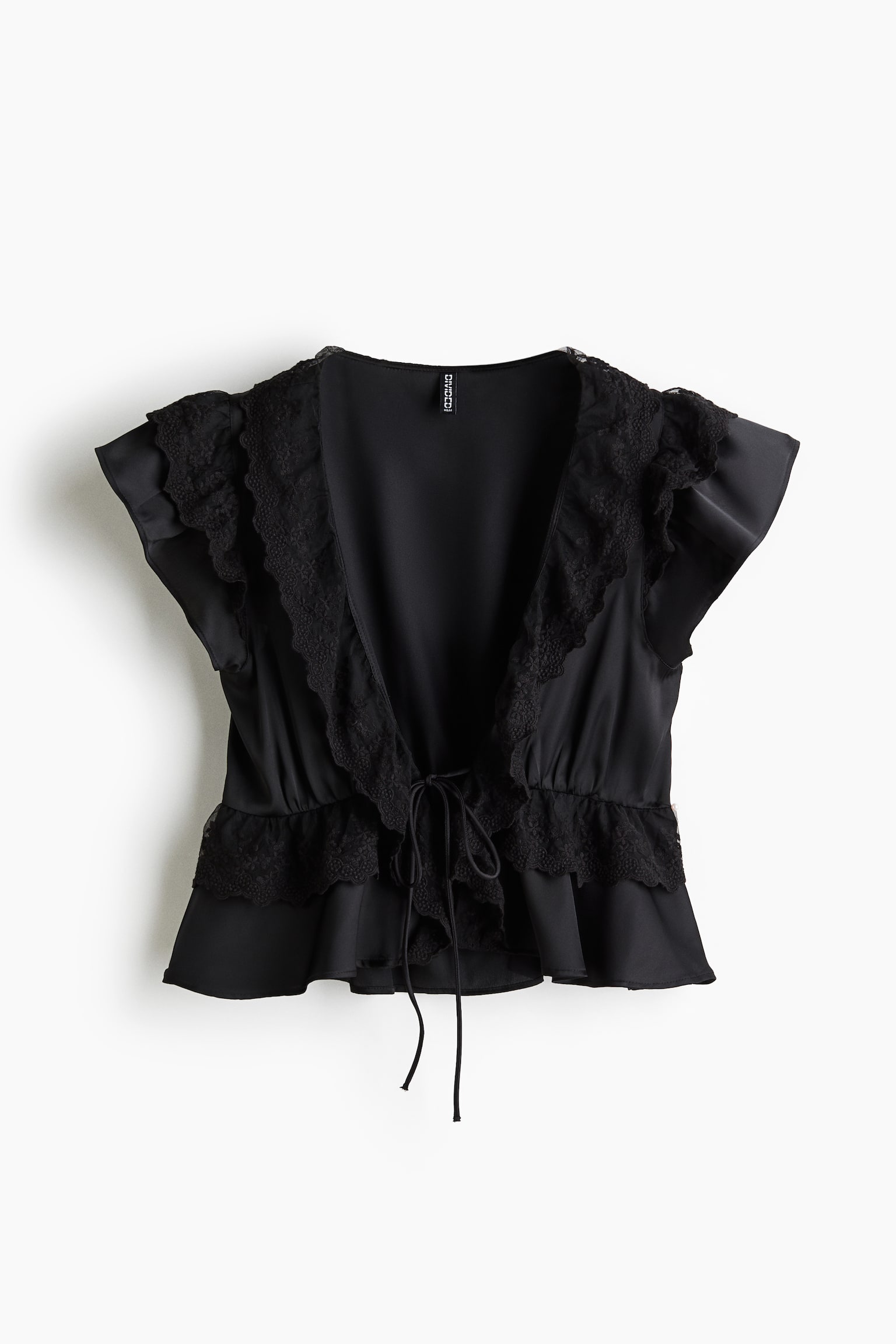Flounce-trimmed satin blouse - Black/Cream - 2