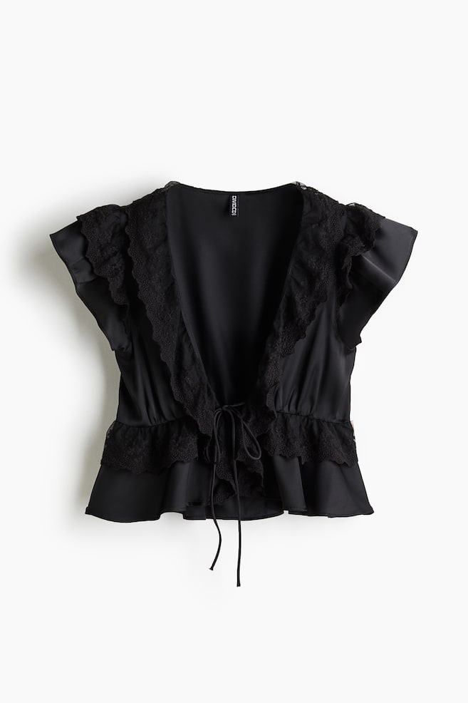 Flounce-Trimmed Satin Blouse - Black/Cream - 1