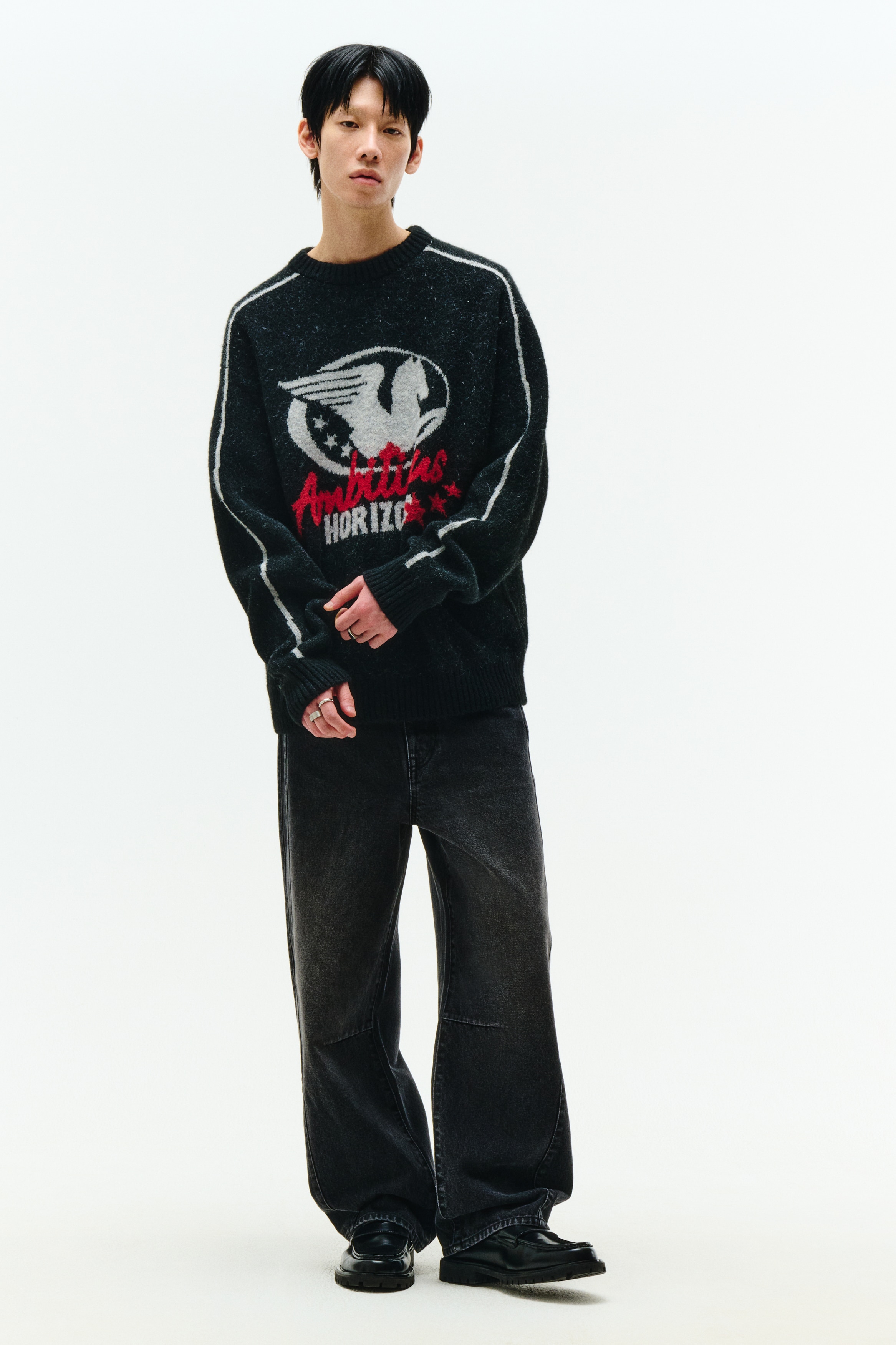 자카드 니트 스웨터 루즈핏 - 블랙/Ambitious Horizons