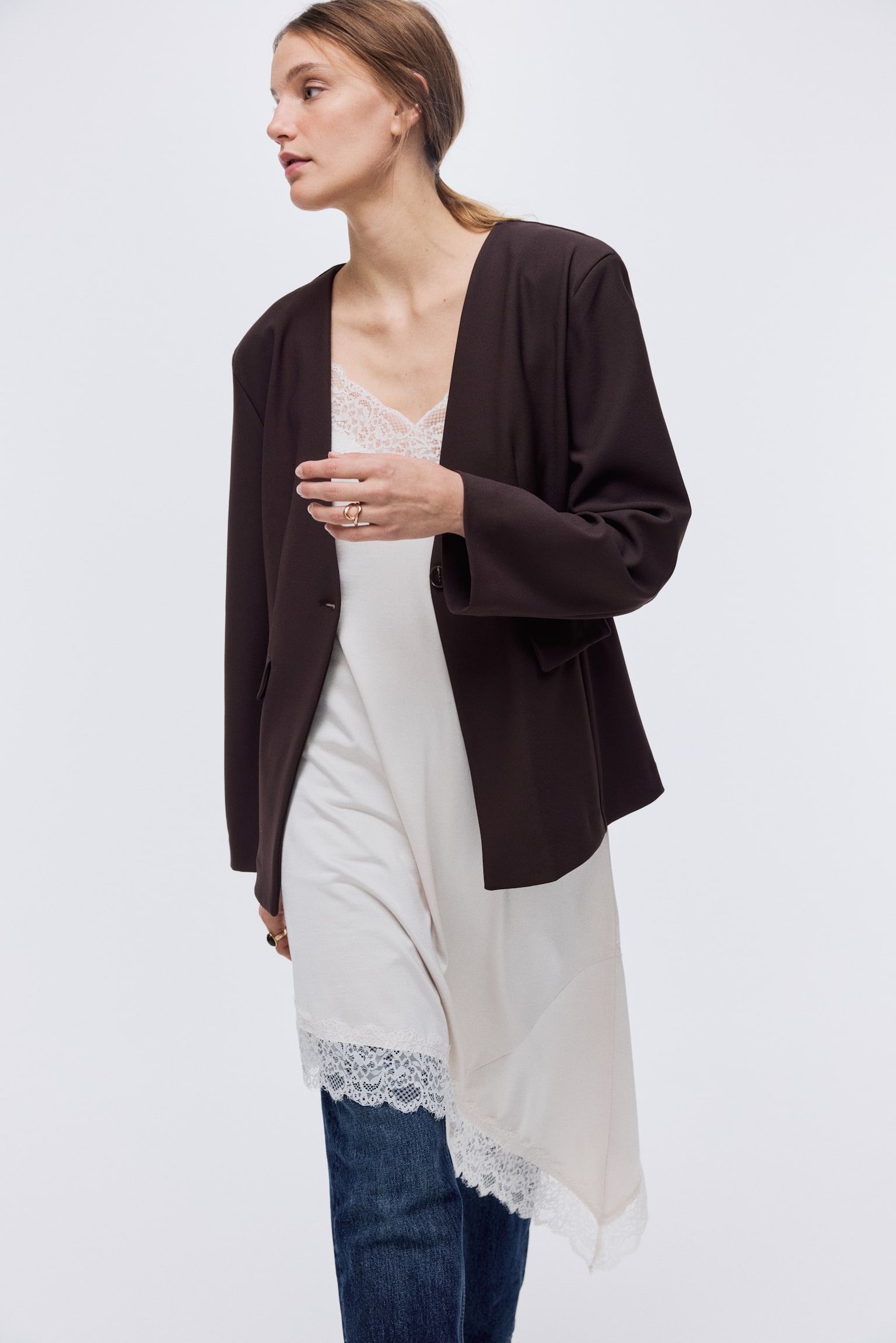 Collarless jersey blazer - Dark brown/Black - 4