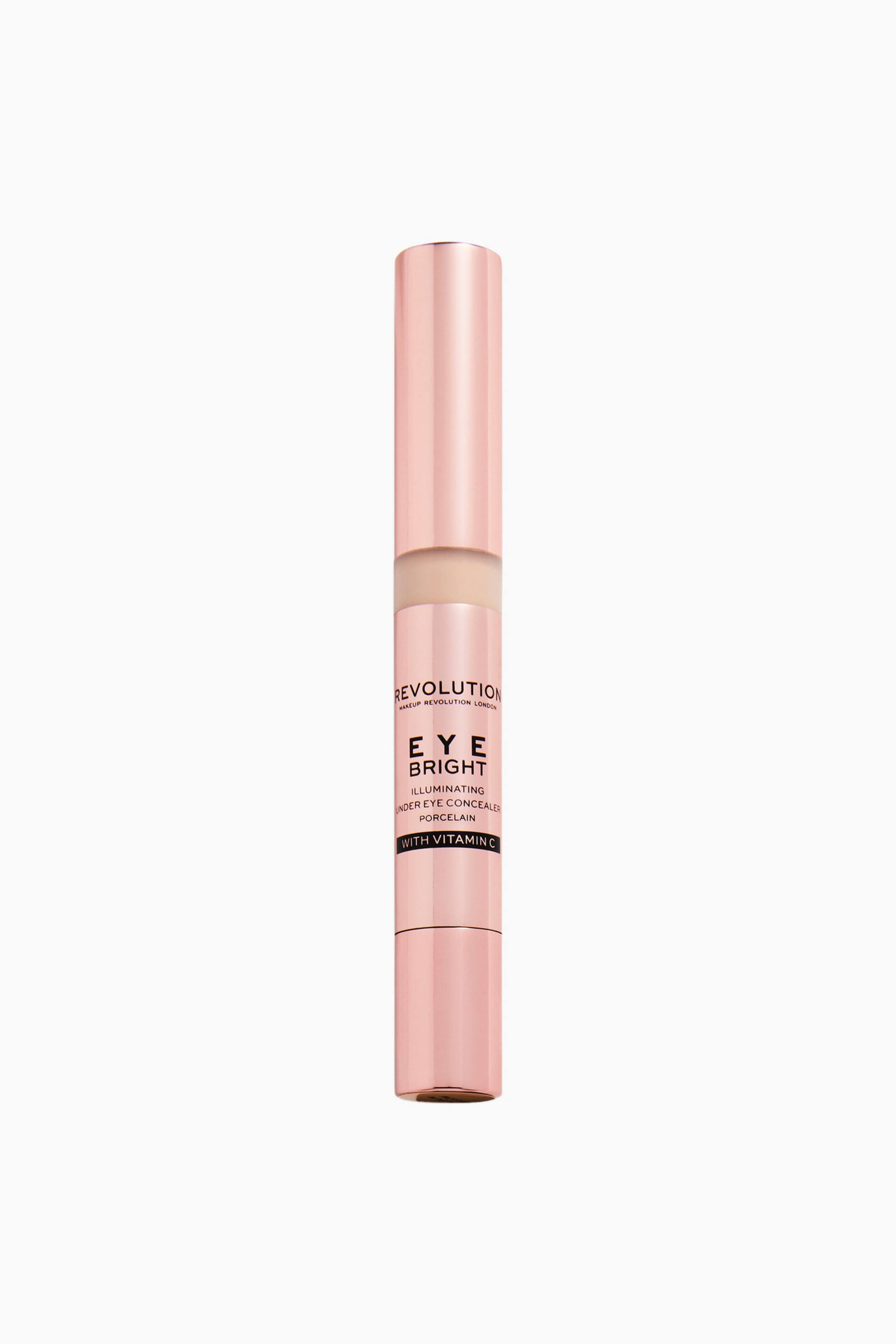 Größeres Bild ansehen: Ein Concealer-Pen für die Augenpartie steht senkrecht und verfügt über ein metallisch roségoldenes Gehäuse mit schwarzem Branding-Text auf der Vorderseite. Ein kleines transparentes Fenster in der Nähe der Kappe zeigt den hellbeigen flüssigen Concealer im Inneren.
