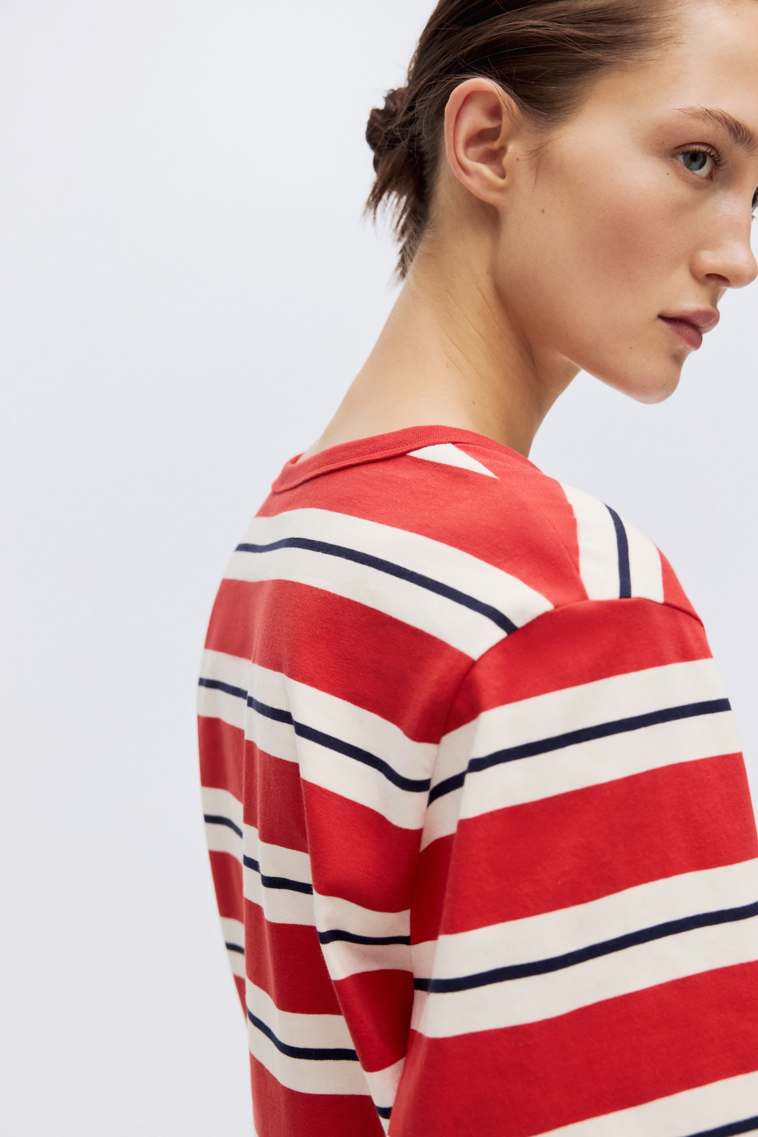 Pamuklu ve Uzun Kollu Tişört - Kırmızı/Çizgili/Beyaz/Lacivert çizgili - 4