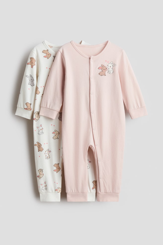 2-pack Pijamas de algodón - Rosa claro/Conejitos/Beige claro/Elefantes/Lila/Corazones - 1