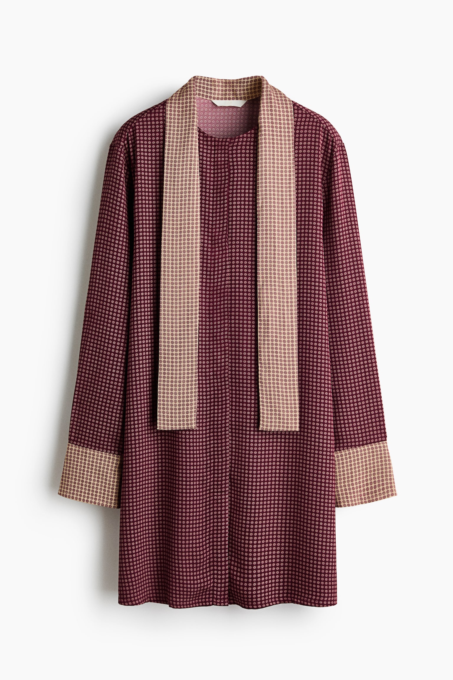 Scarf-collar button-front dress - Màu đỏ mận đậm/Hoa văn - 1