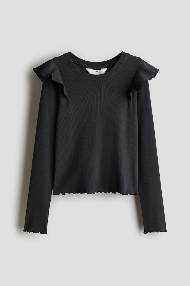 Frill-trimmed cotton top - Dark grey/Light beige/White/Black striped - 1