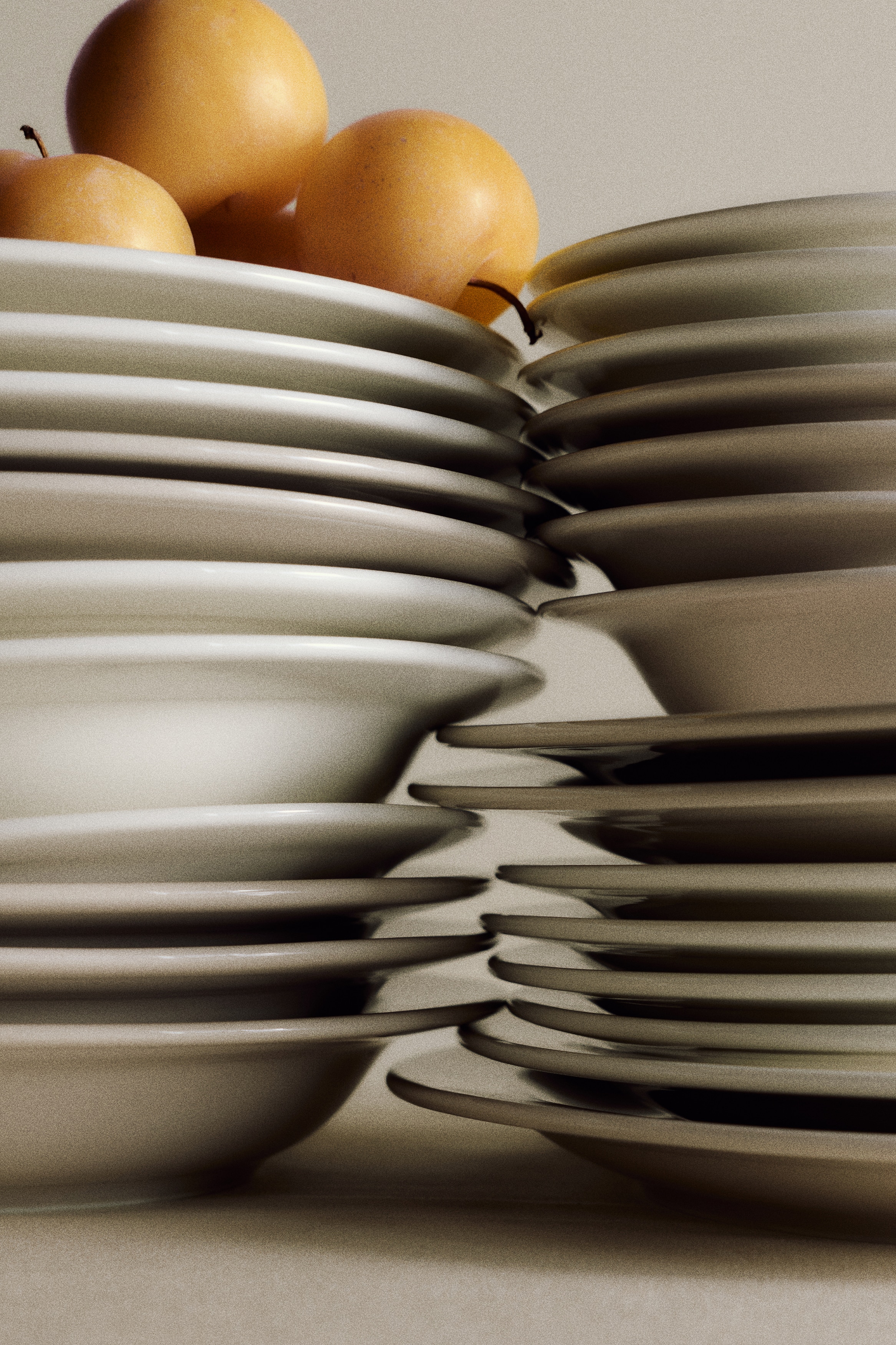 Two round, off-white plates are displayed, each showcasing a wide, subtly curved rim and a recessed central dining surface. They are arranged vertically, with one plate positioned above the other.