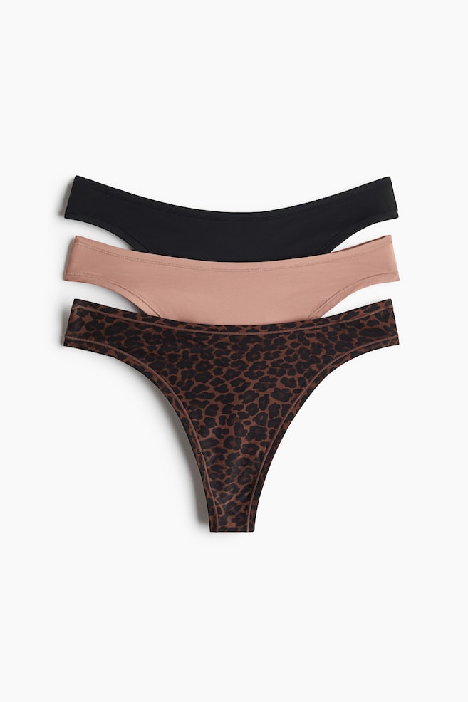 Pack de 3 bragas Thong de microfibra - Marrón/Estampado de leopardo/Crema/Beige/Marrón oscuro/Marrón oscuro/Crema/Rosa claro/Negro/Beige - 1
