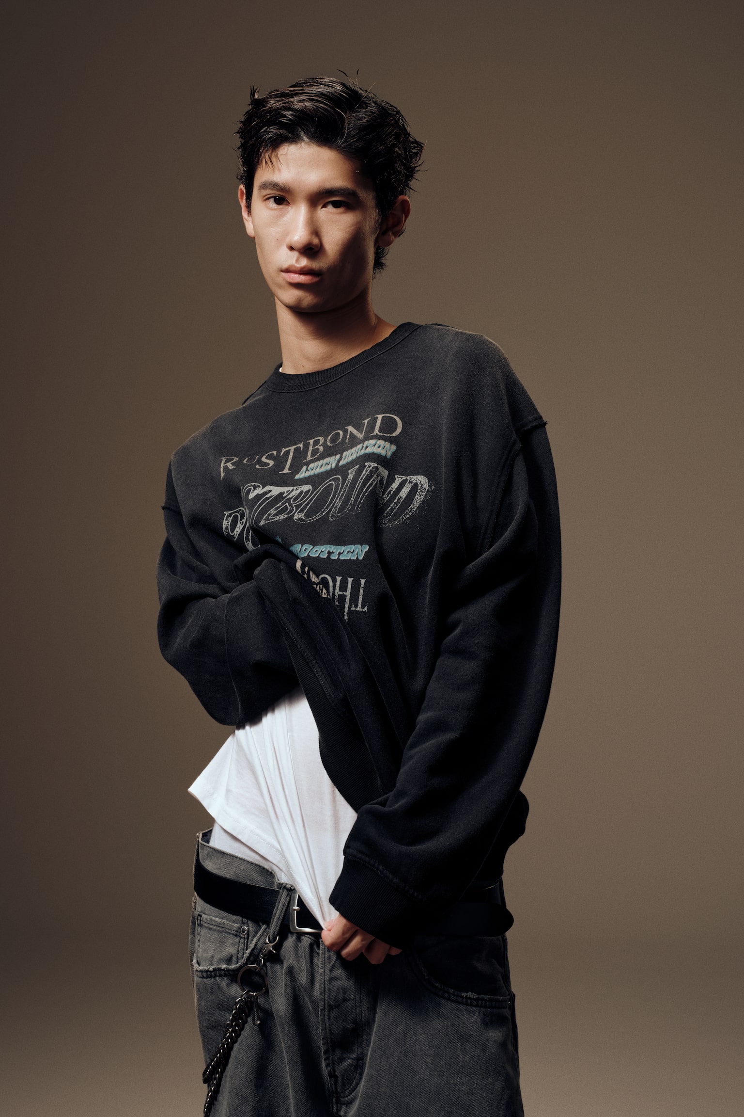 프린트 스웨트셔츠 루즈핏 - 다크 그레이/블랙 - 5