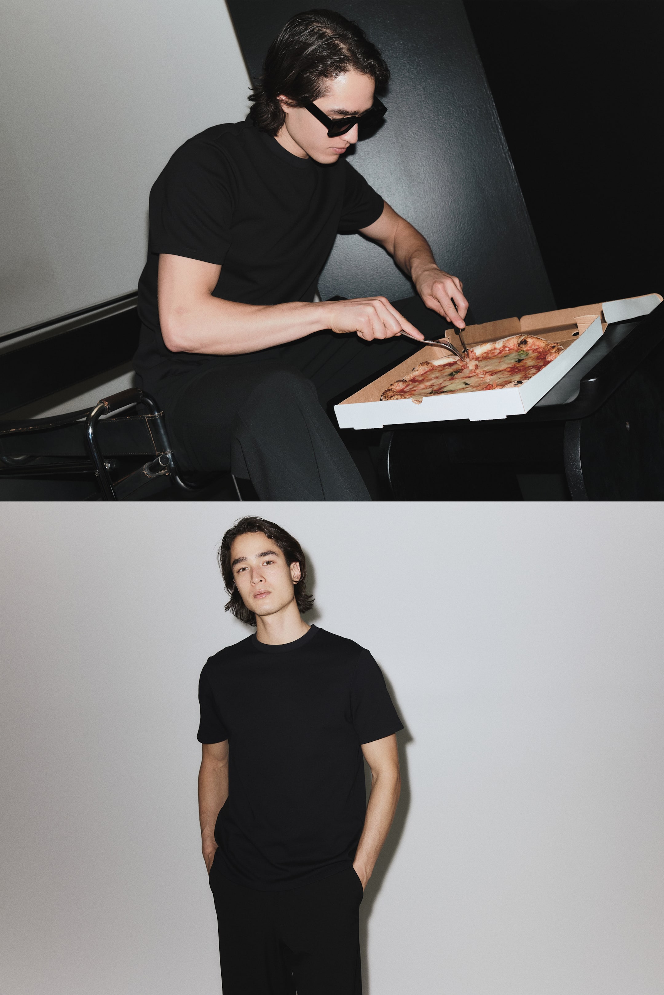 Größeres Bild ansehen: Ein schwarzes T‑Shirt mit Rundhalsausschnitt wird präsentiert; es verfügt über kurze Ärmel und eine lockere Passform. Es wird mit einer schwarzen Hose kombiniert, die einen Straight‑Leg‑Schnitt und einen angenehmen Fall zeigt.