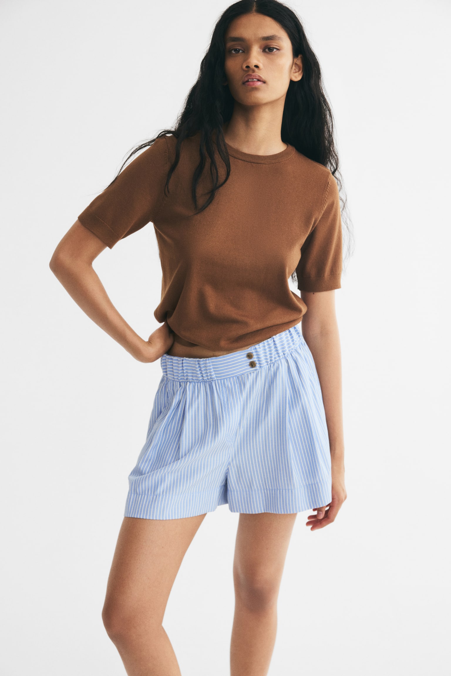Short-Sleeved Fine-Knit Sweater - Brown/Dark red - 1