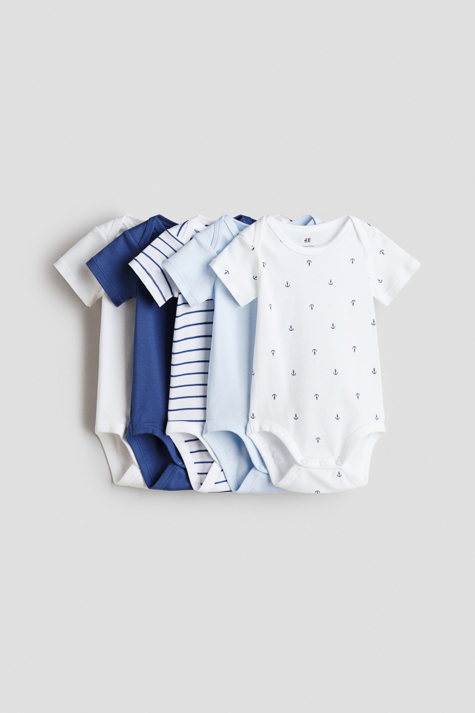 5-pack cotton bodysuits - Blue/Anchors/Grey/Striped/Light blue/Dinosaurs/Pink/Hearts/Beige/Bunny/Beige/Light dusty green/Light beige/Dogs/Light green/Turtles/Light green/Fruits/Pink/Striped/Light green/Spotted/Brown/Elephants
