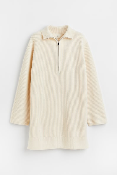 Zip-top rib-knit dress - Long sleeve - Short - Cream - Ladies | H&M GB