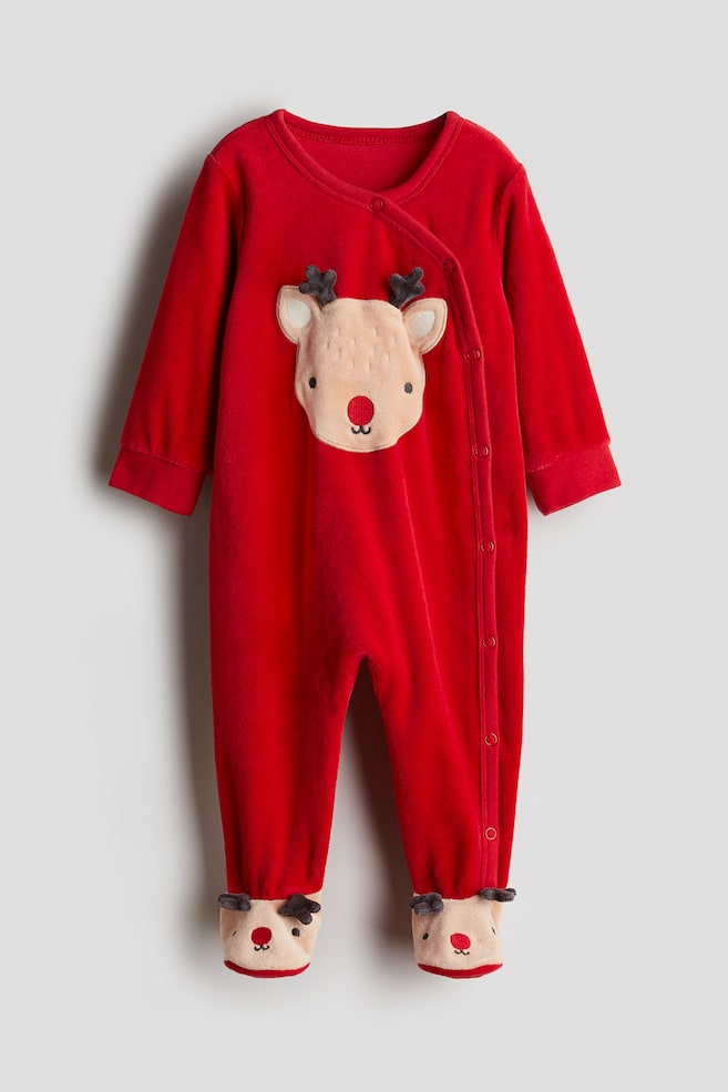 Pyjamasoverall i velour med fötter - Röd/Ren/Mörkgrå/Prickig/Ljus dimrosa/Kanin/Ljusgrå/Koala - 1