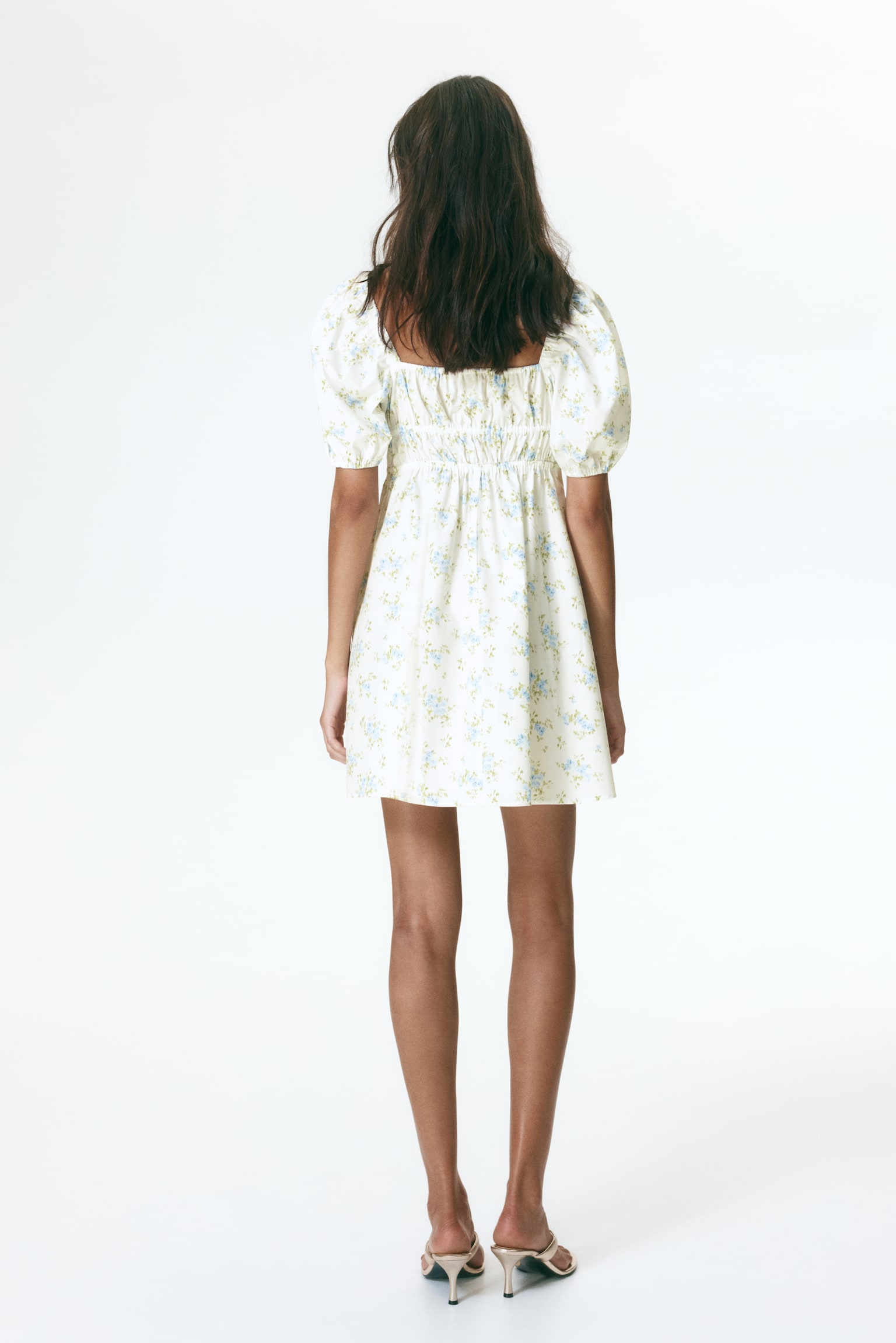 Vestido em popelina com mangas tufadas - Creme/Floral/Creme/Floral rosa/Azul claro - 3