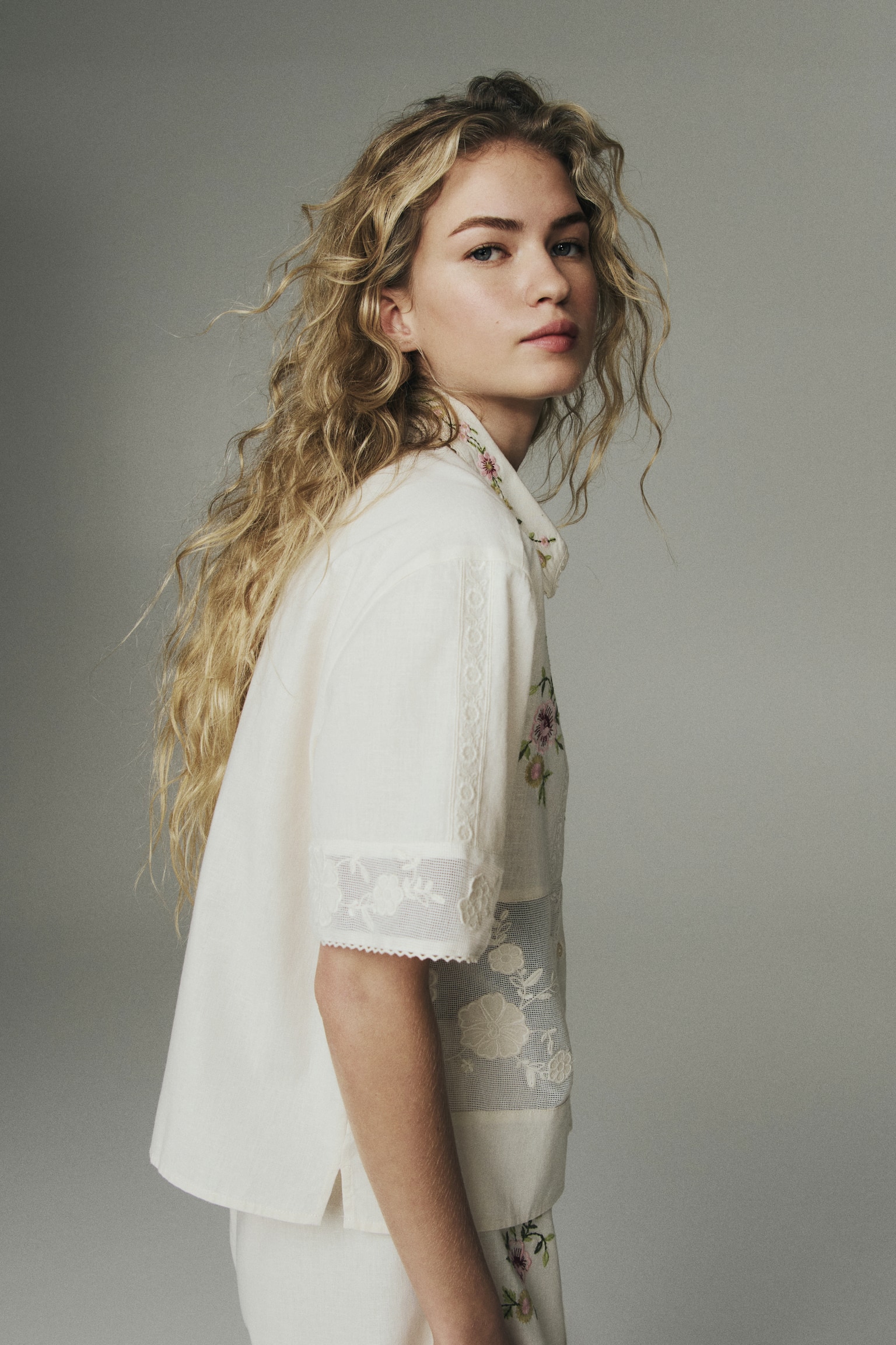 Linen-blend pyjama shirt - Light beige/Flowers - 7