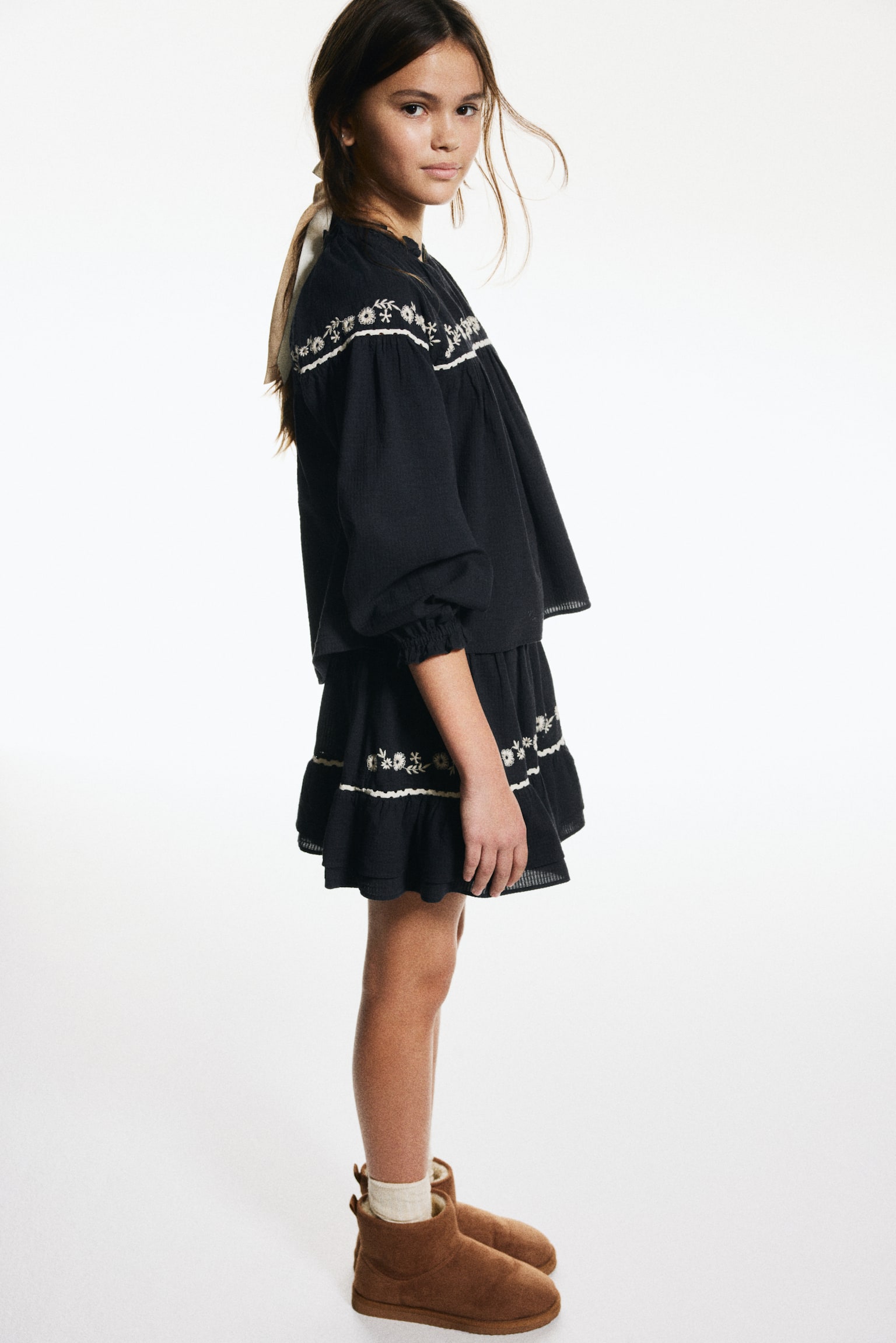Embroidery-detail cotton skirt - Black/Floral - 4