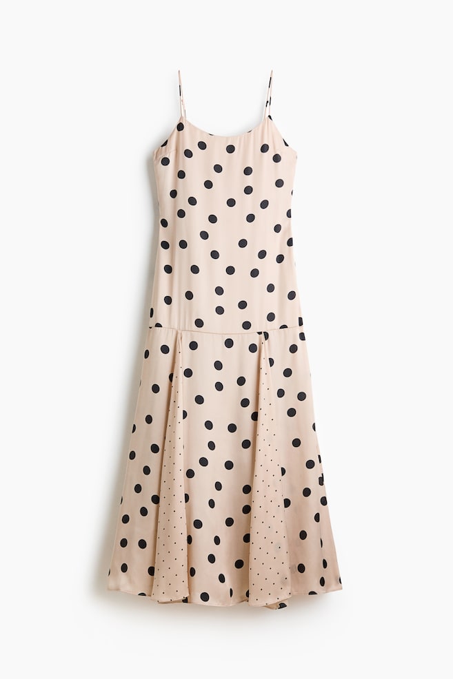 Flared-Skirt Satin Dress - Light beige/dotted - 1
