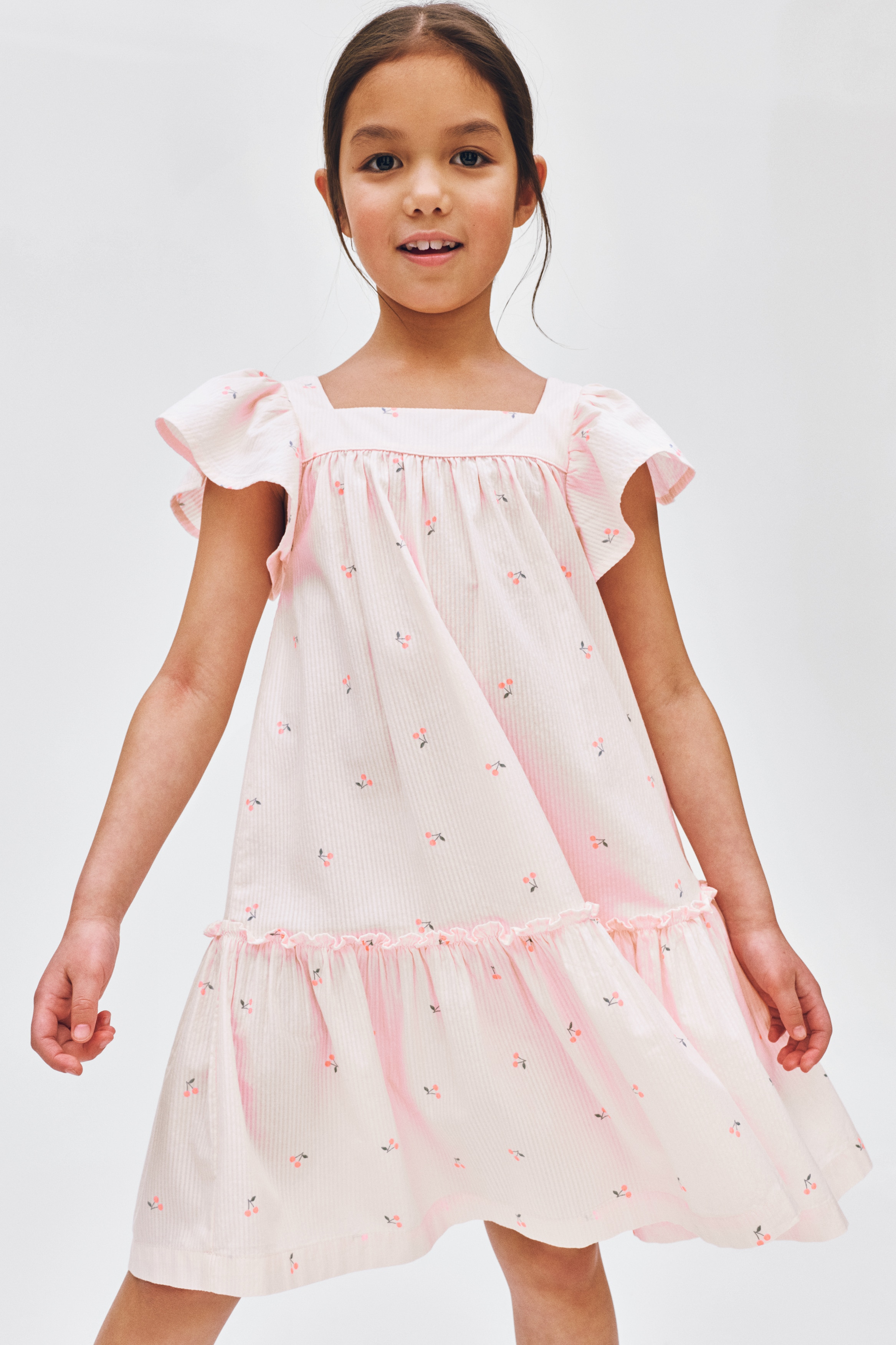 傘狀棉質洋裝 - 淺粉紅色/櫻桃