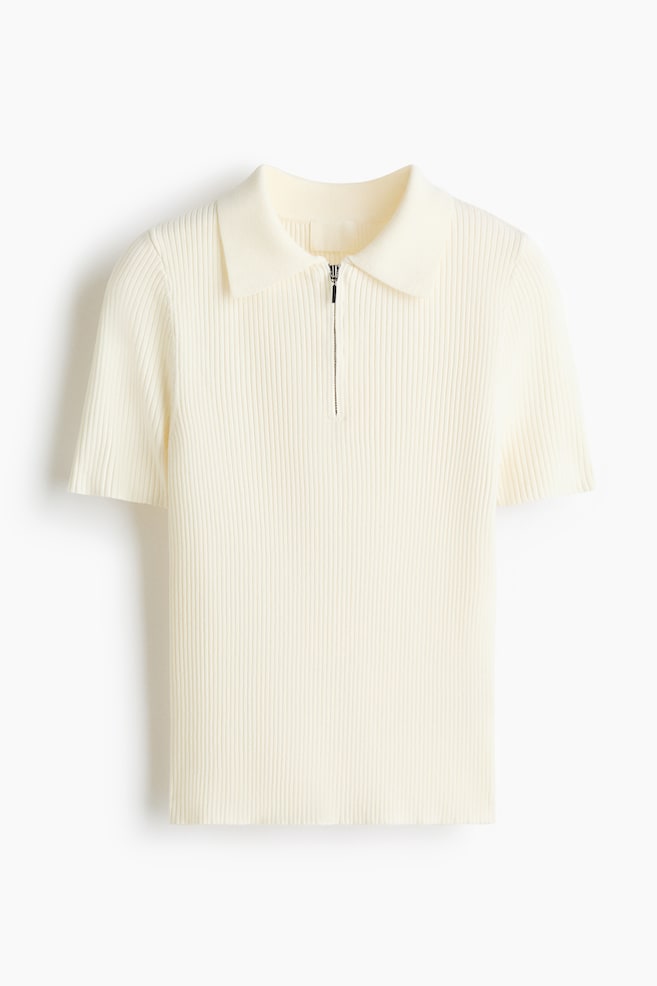 Rib-Knit Top with Collar - Cream - 1