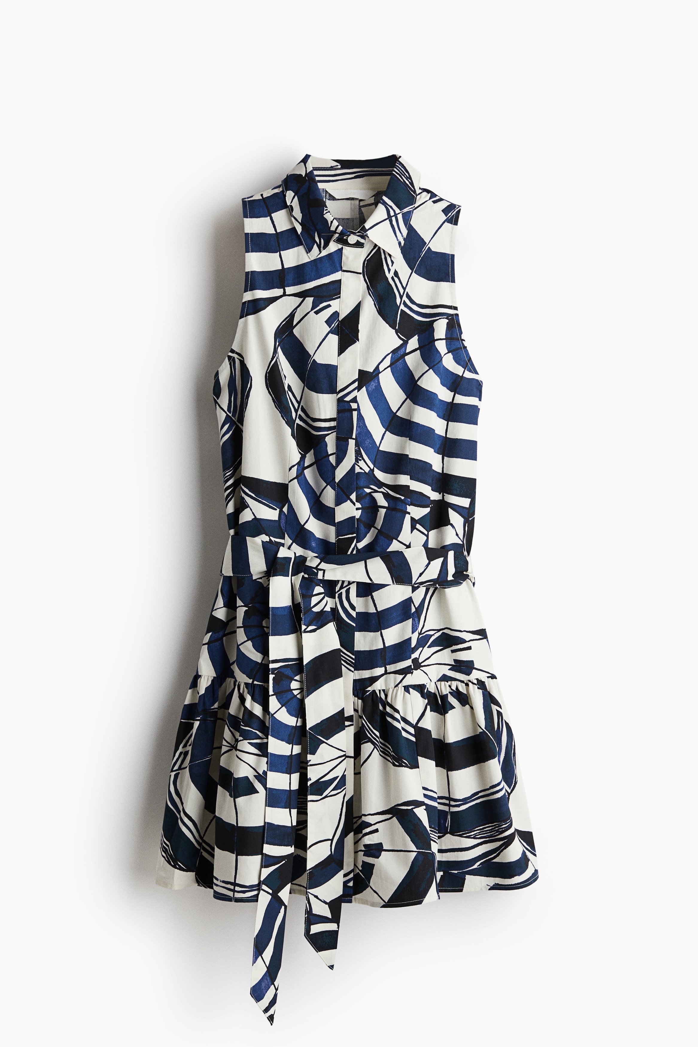 Tie-belt shirt dress - White/Navy blue patterned/Black