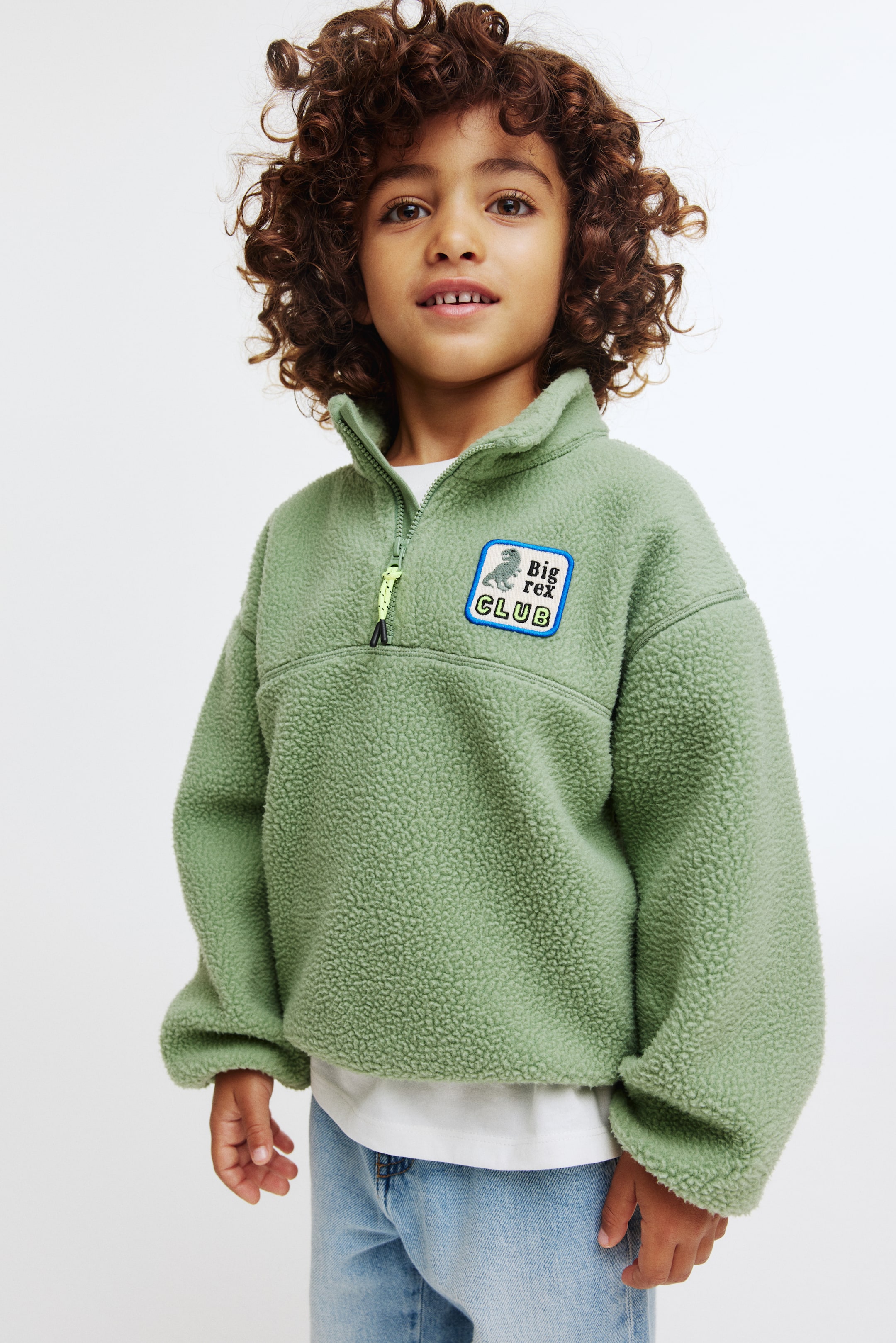 View larger image: Zip-top teddy sweatshirt - Green/Dinosaur - Kids | H&M GB 1