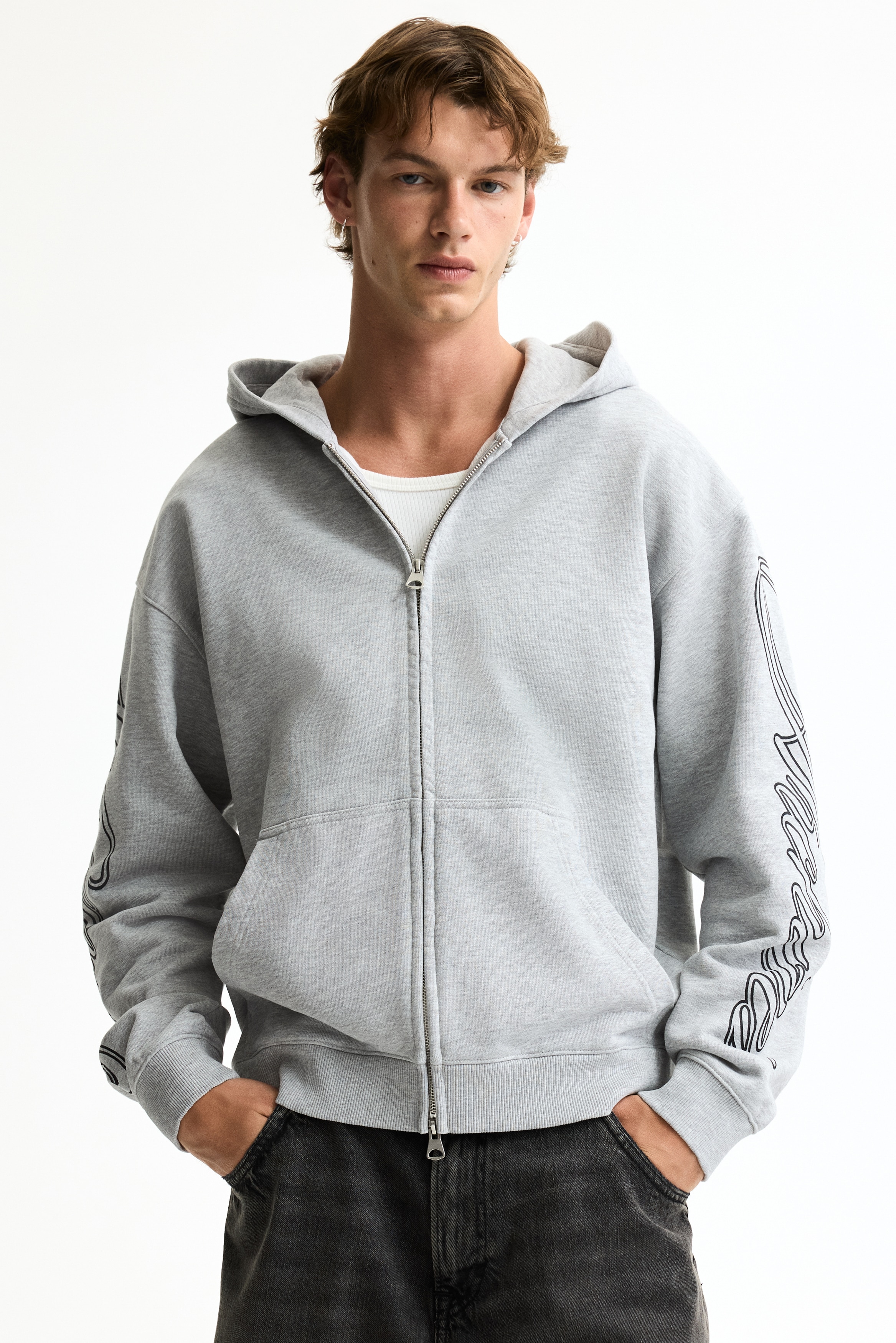 メンズウェア CLUBHAUS HIIT SWEAT H-GRAY XL Men's Gray melange/Sports Archive Relaxed-Fit Printed Hooded