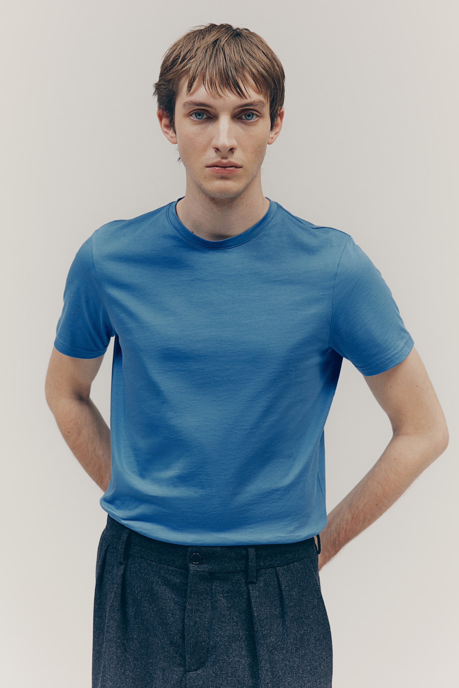 Slim Fit Pima cotton T-shirt - Light blue/Light brown/Raspberry red/Dark khaki green/Black/Navy blue/White/Mint green/Light grey marl/Yellow/Light blue/Turquoise/Navy blue/Beige/Beige - 6